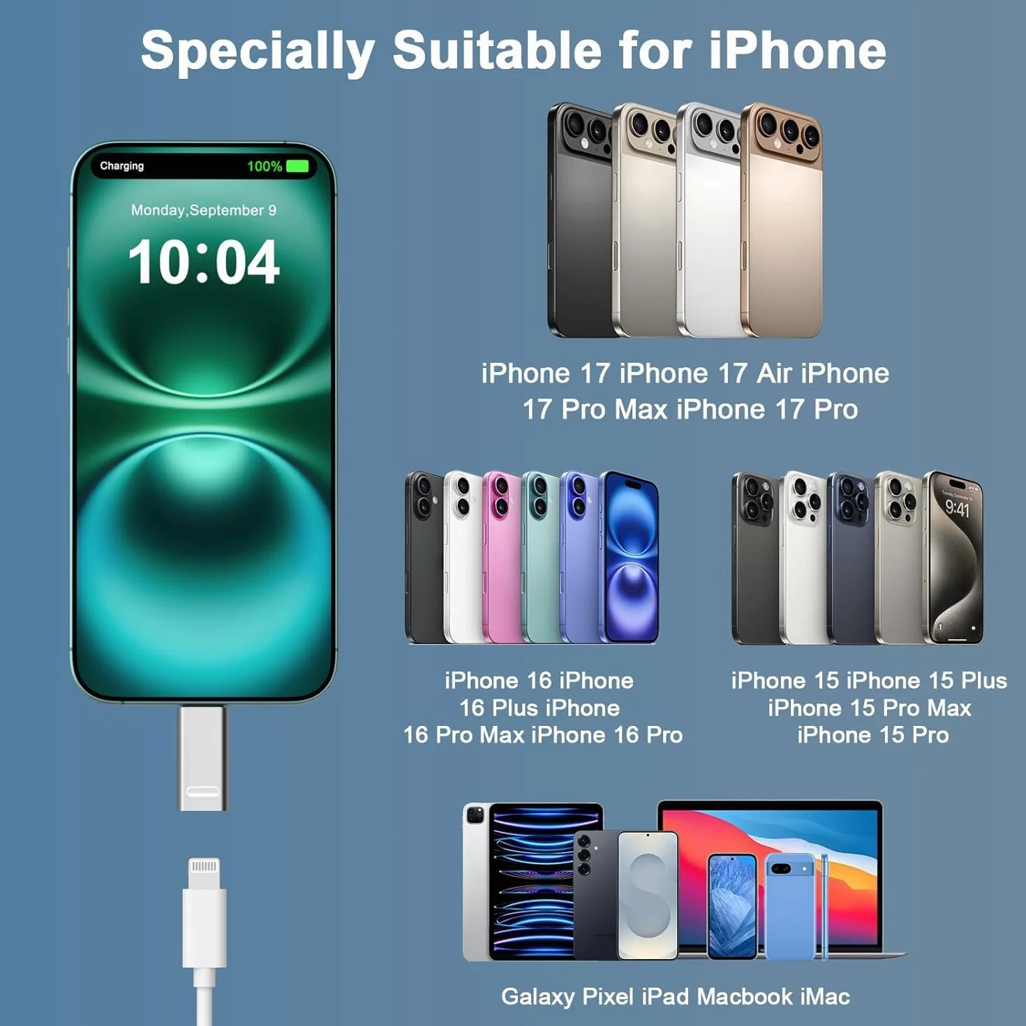 Adaptateur Lightning vers USB C pour iPhone 15 16 17 Pro Max Plus, prise en charge recharge et transfert de données