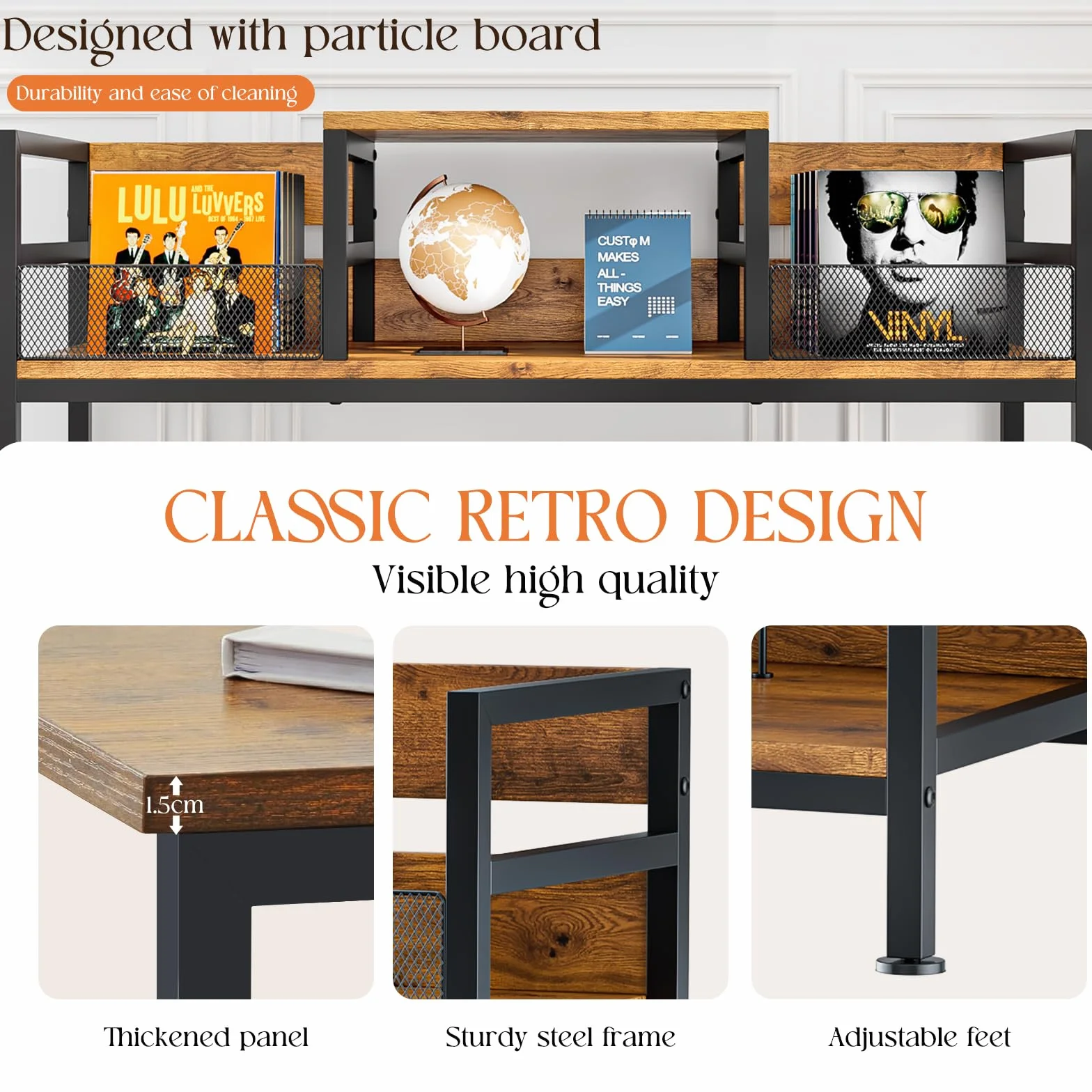Meuble pour platine vinyle, rangement pour jusqu'à 350 albums, support pour platine avec 4 séparateurs, meuble de rangement pour disques vinyles pour salon et chambre