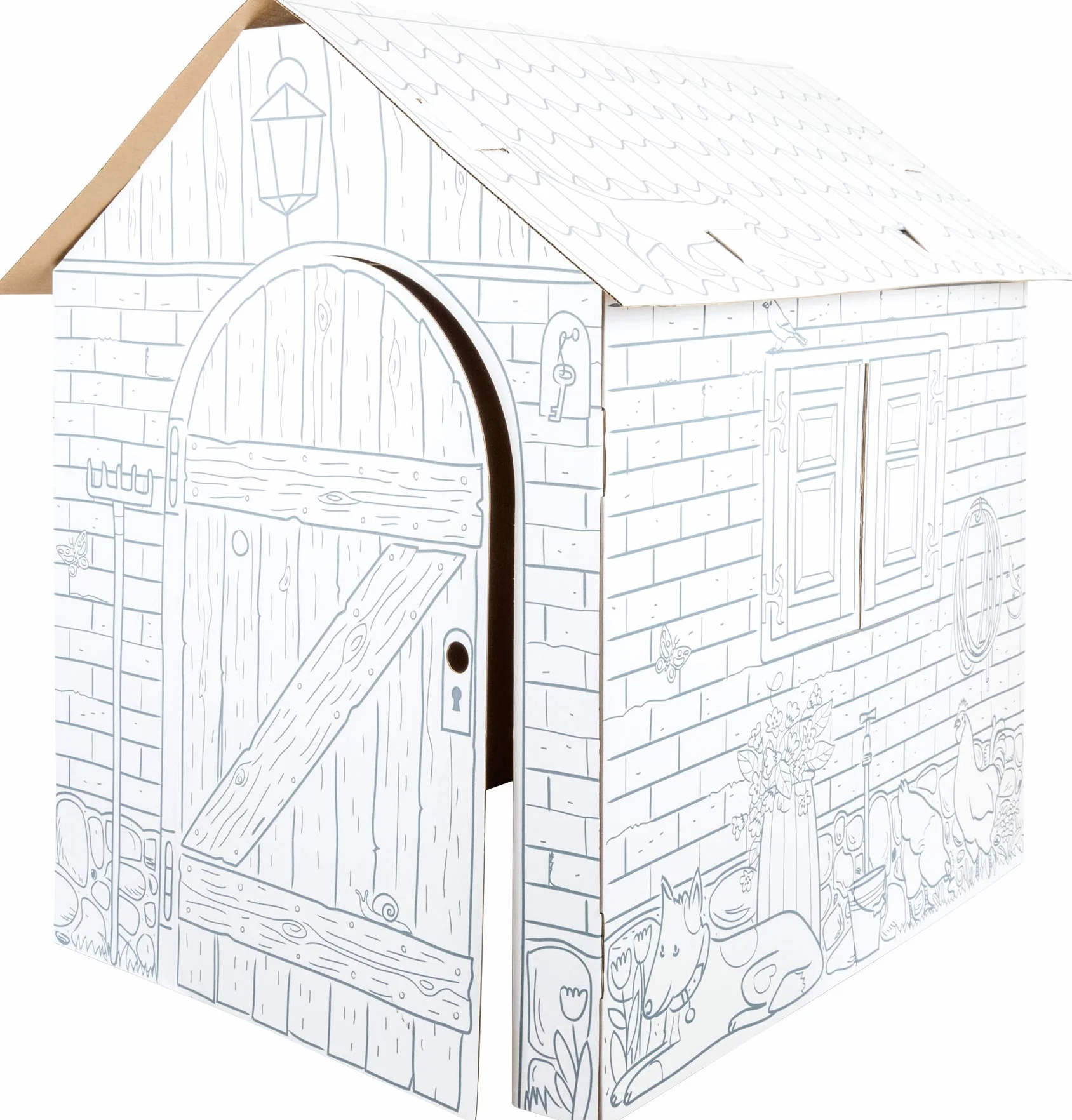 Small Foot Maison de Jeu Ferme en Carton à Colorier avec Crayons Gras Feutres Blanc