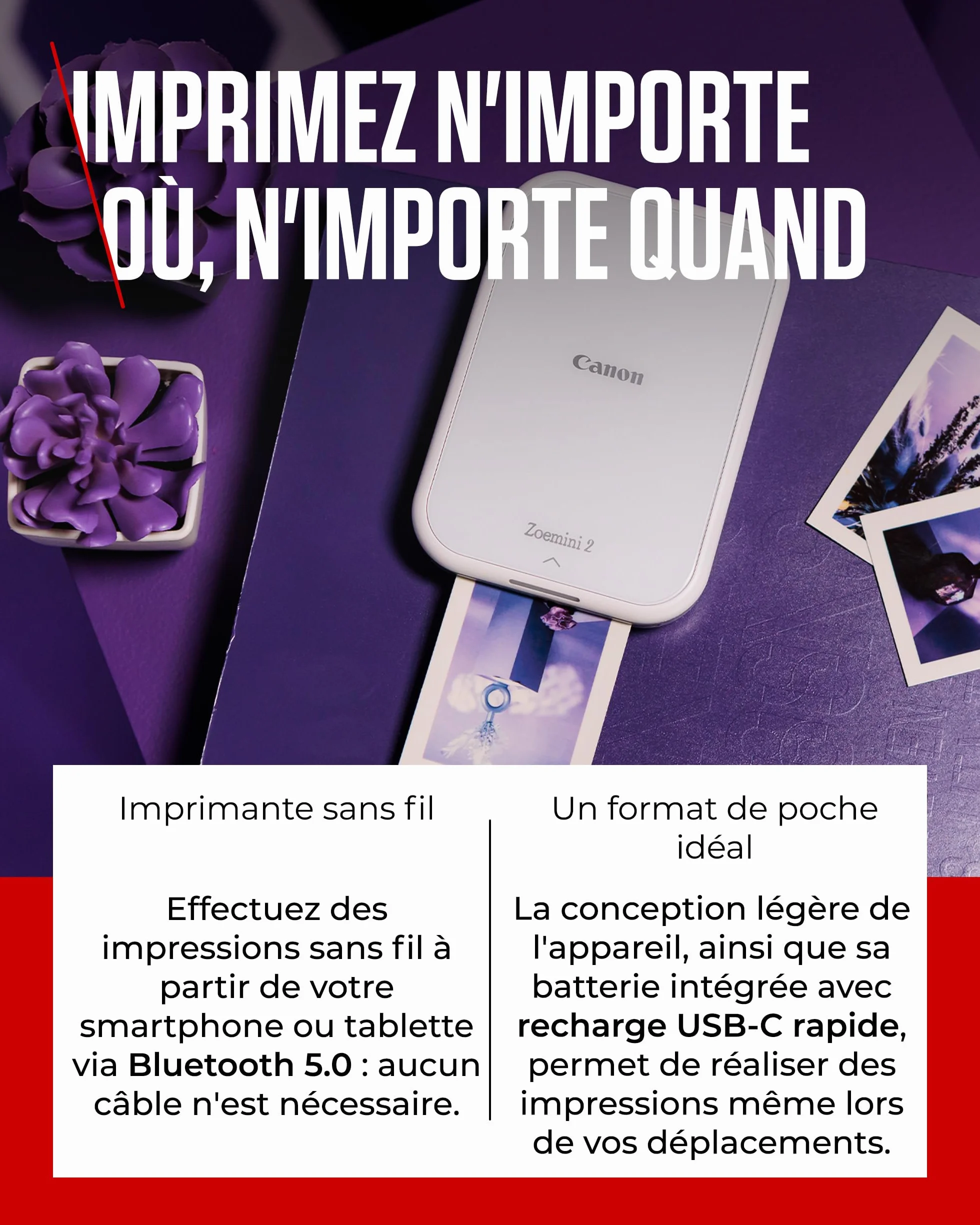 Canon Zoemini 2 Imprimante Photo Portable Bluetooth 5.0 Type-C Charge Rapide Blanche