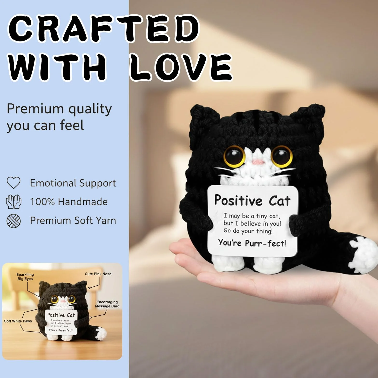 Porte-Bonheur au Crochet Chat Positif dans Boîte Cadeau Noire