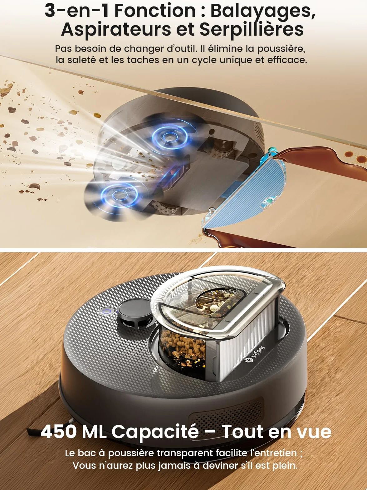 Lefant M330 Plus Aspirateur Robot Laveur 3en1, 5000Pa, 150Min, Système Freemove 3.0, Anti-emmêlement, Navigation LiDAR Précise, Zone Interdite Intelligente, 3 Niveaux d'Aspiration, APP/Alexa, Gris