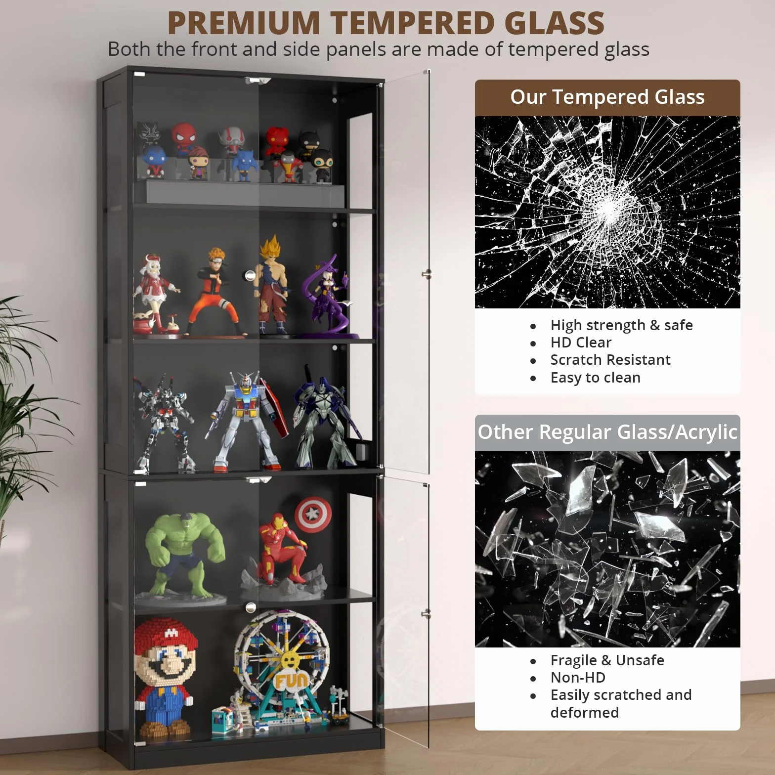 VOWNER Vitrine 5 étages en Verre avec éclairage LED 3 Couleurs, détecteur Intelligent, tablettes en Verre autonomes pour Figurines et Collection, Salon Chambre (Noir, 5 étages)