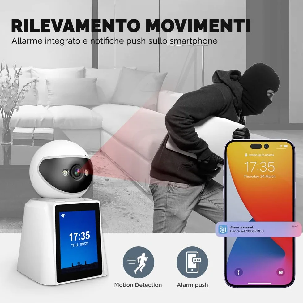 Kamera bezpieczeństwa, wyświetlacz 2,8" HD, dwukierunkowe rozmowy wideo, wykrywanie człowieka, podczerwień, możliwość podłączenia za pomocą aplikacji na Androida lub iOS, panoramiczne