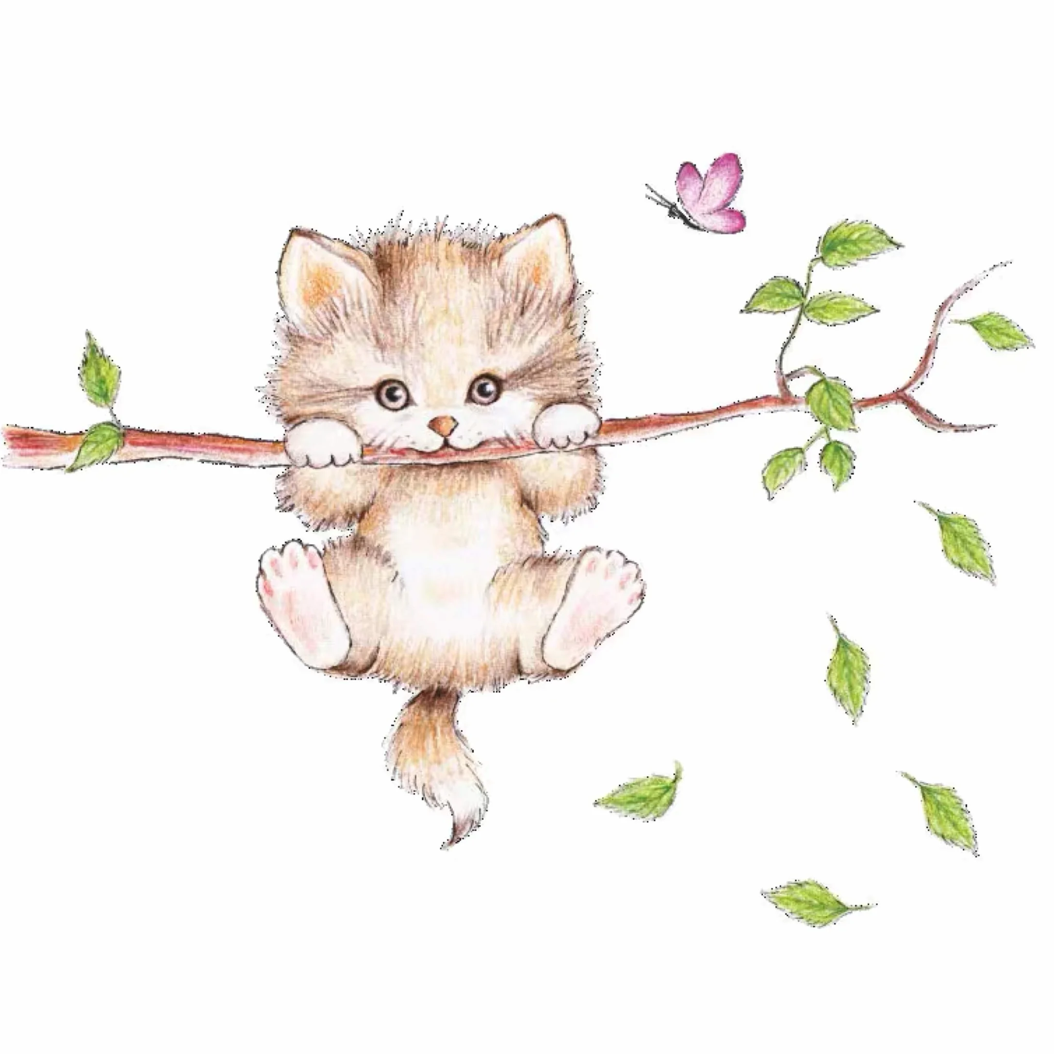 WandSticker4U® Autocollant mural CHAT MIGNON 77x55 cm animaux forêt arbre branche fleurs décoration murale chambre enfant