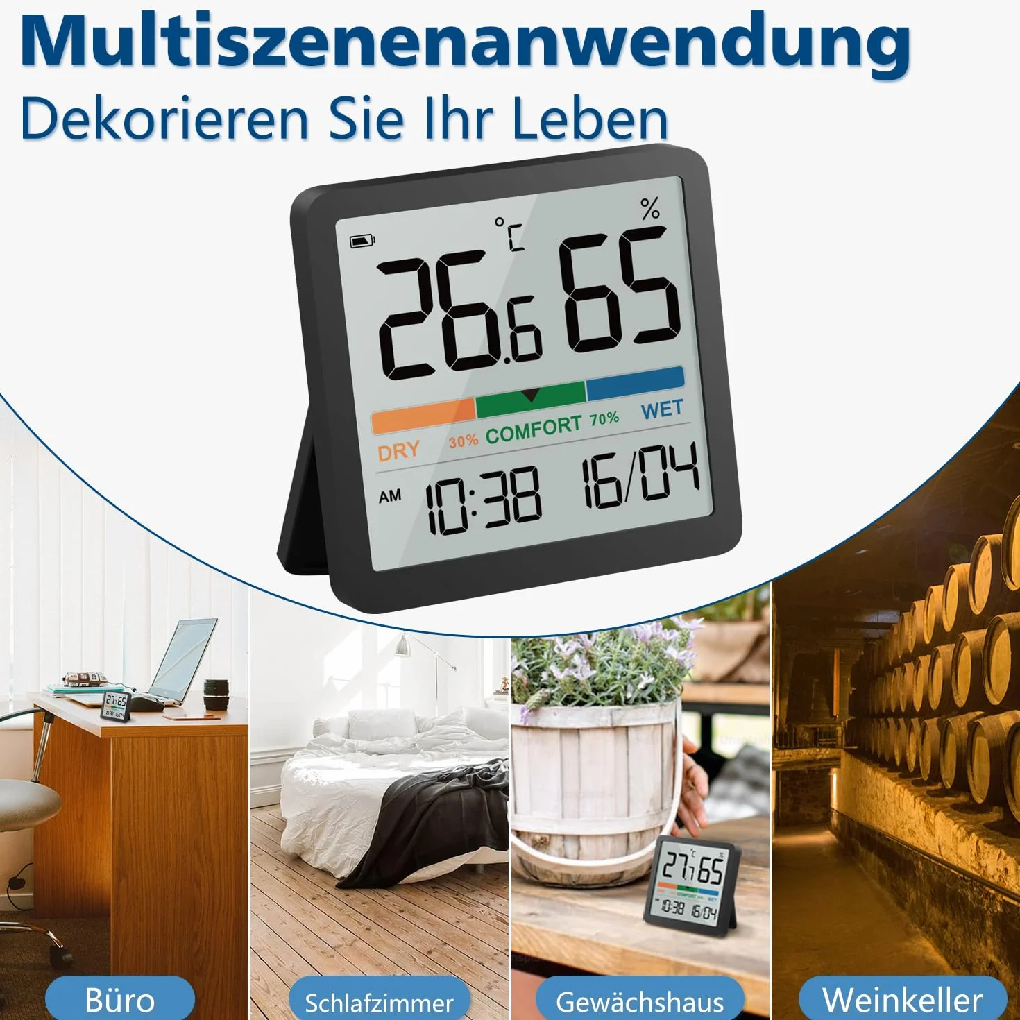 NOKLEAD Thermomètre d'ambiance numérique Hygromètre d'intérieur avec date horloge Indicateur de confort Noir