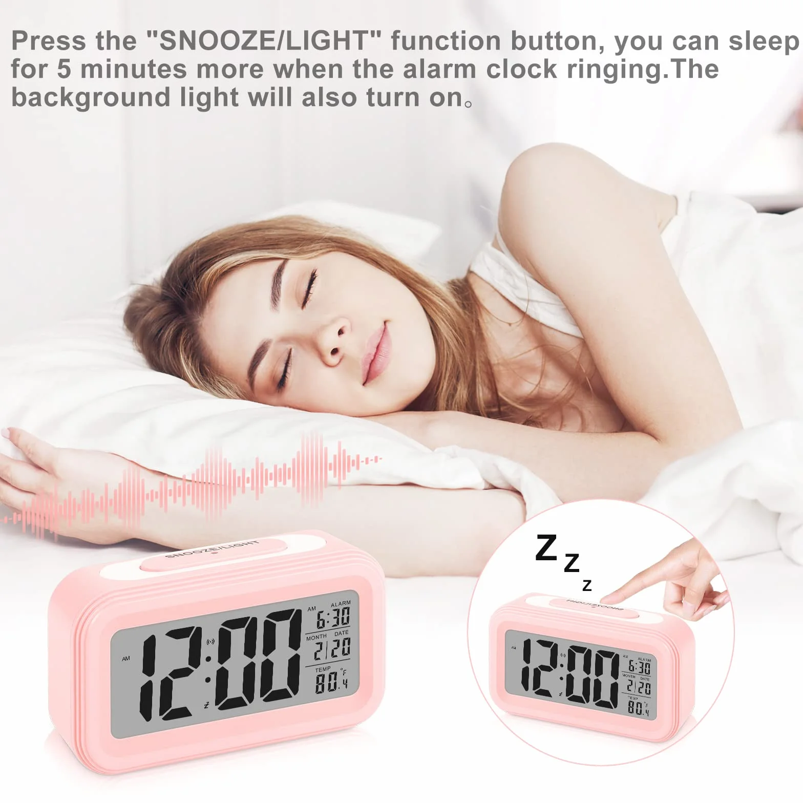 Réveil Numérique LED Silencieux avec Snooze Date Température, Rose