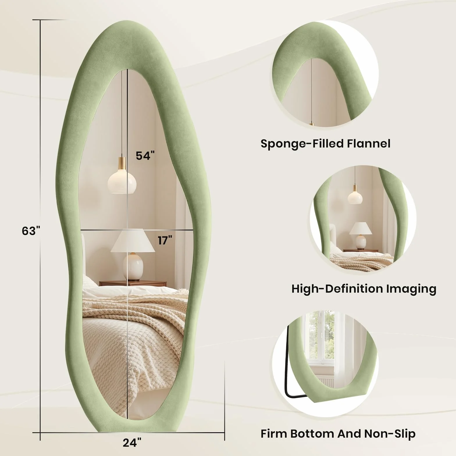 Miroir ondulé irrégulier 160 x 60 cm pleine longueur avec cadre en bois recouvert de flanelle à suspendre