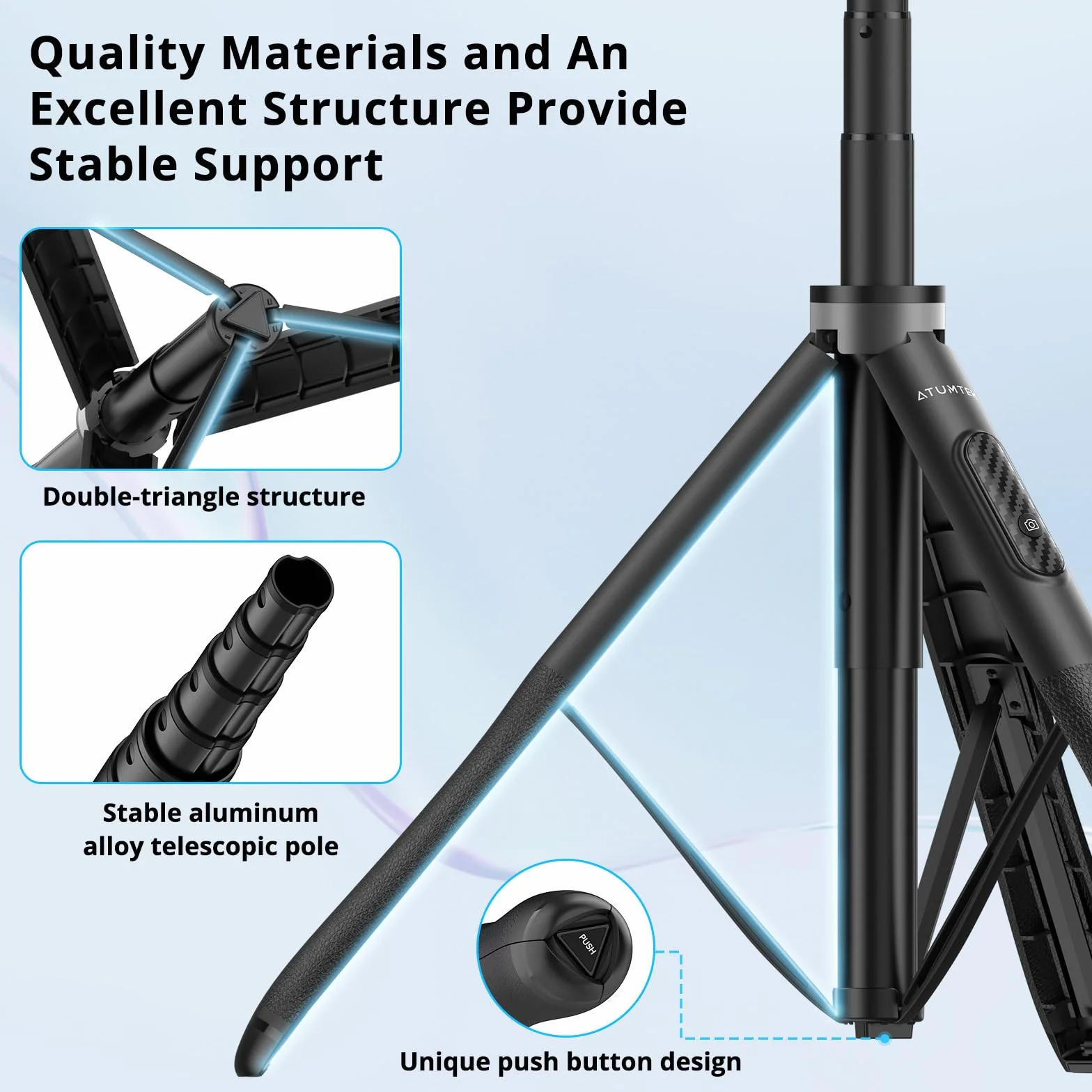 ATUMTEK Kijek do selfie 130 cm, Bluetooth, z wytrzymałym aluminium i antypoślizgowymi stópkami, trójnożny, do iPhone'a i telefonu z systemem Android, do selfie, nagrywania wideoblogów, strumieniowania na żywo.