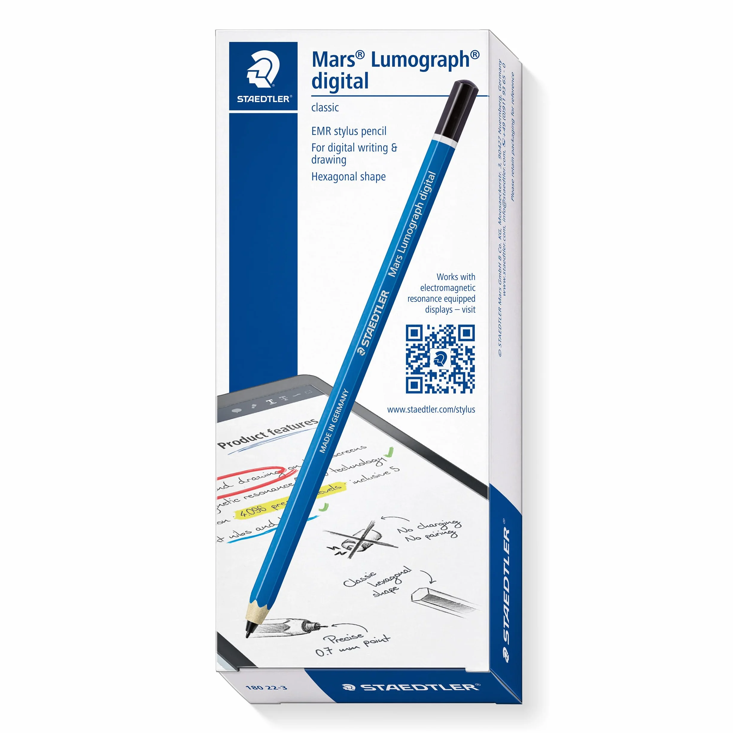 Staedtler Mars Lumograph digital classic 180 22. EMR rysik do cyfrowego pisania i rysowania na ekranach dotykowych EMR (klasyczny kształt sześciokątny, 4096 stopni nacisku, cienka końcówka 0,7 mm)