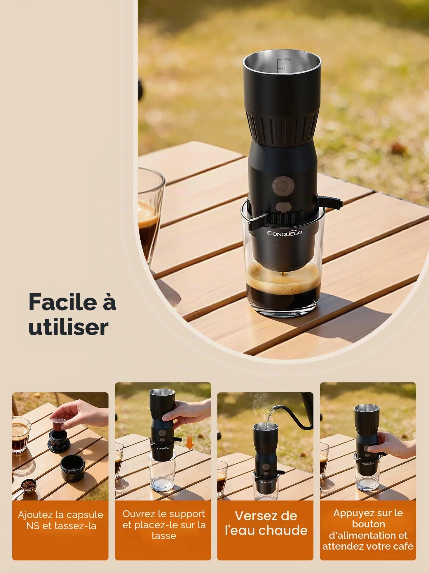 CONQUECO Machine à Café Portable Électrique 20 Bars, 160ml, Pompe Pression Batterie, Compatible Capsule et Café Moulu, USB-C Rechargeable pour Camping Voyage Bureau (Non auto-chauffant) (Noir)
