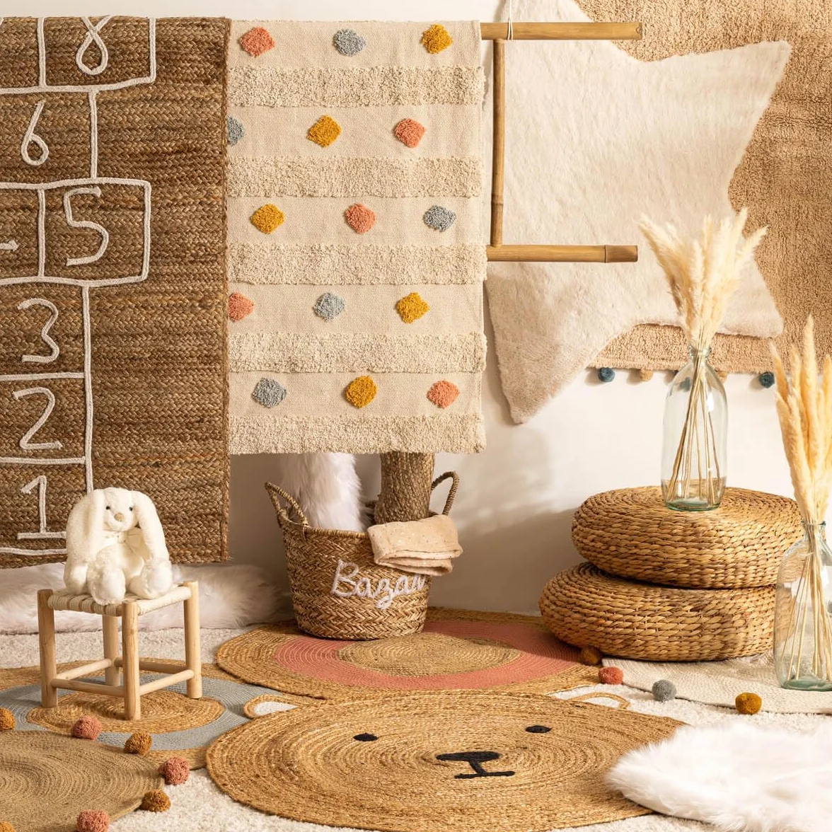 Atmosphera Tapis Enfant Coton Pompons Beige D90 cm