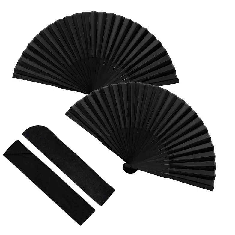 Éventails Pliants Noir 2 Pièces avec Sacs de Rangement - Éventail Japonais Chinois Pliant