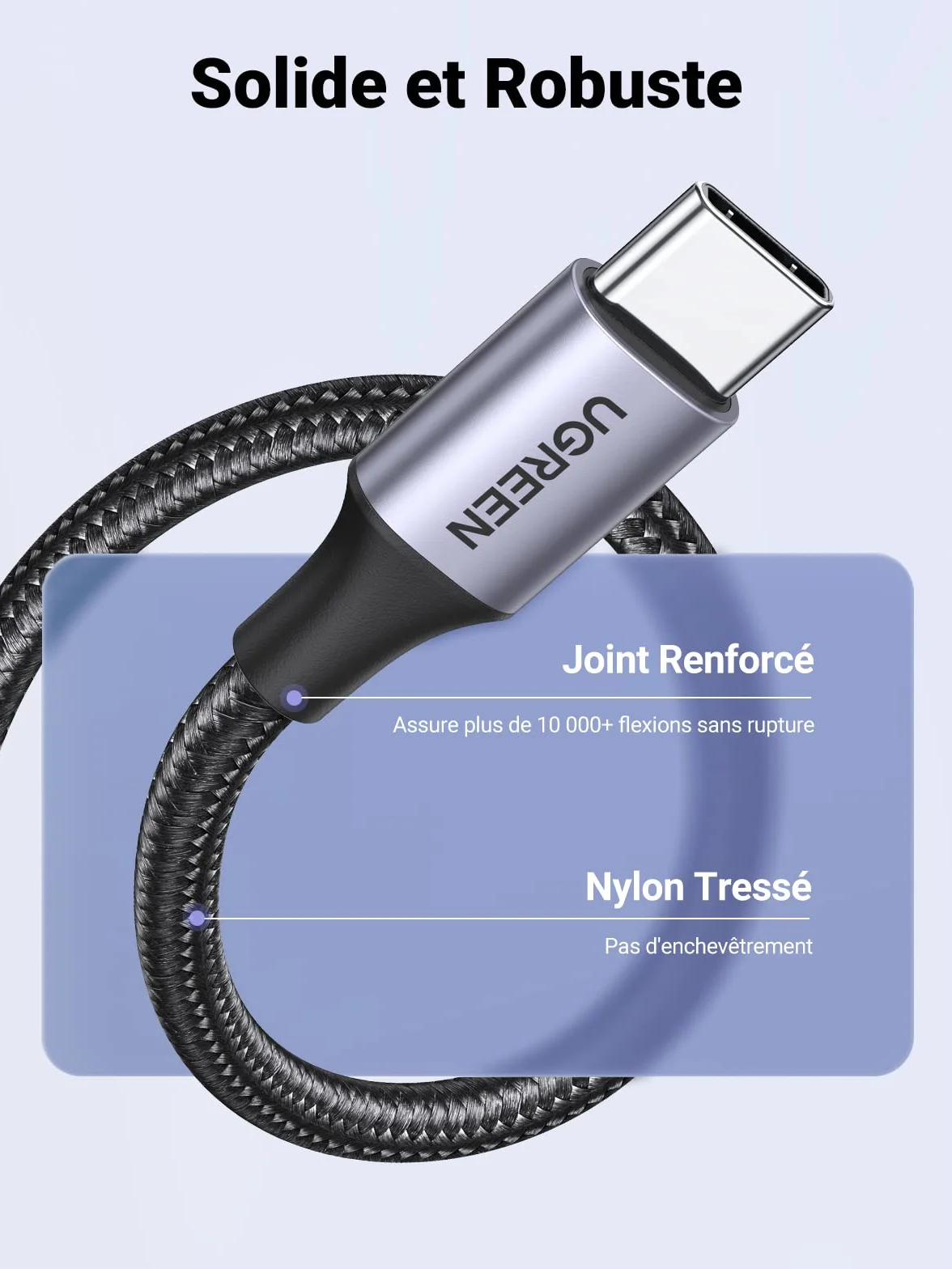 UGREEN Câble USB C Charge Rapide 3A QC3.0 480Mbps Nylon Tressé Compatible iPhone 16 15 Pro Max Plus Galaxy S25 S24 A16 A56 Xiaomi Note 15 14 Pixel 10 9 iPad 0.5M