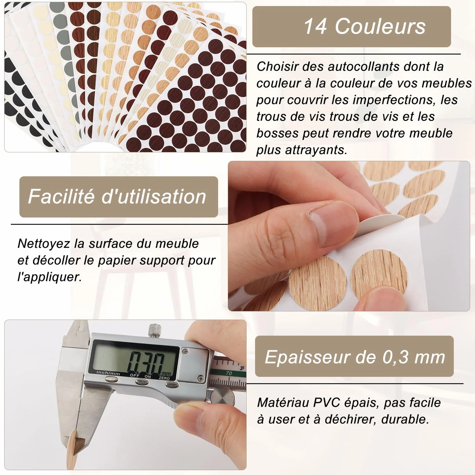 864 Pièces Cache Vis Adhésif Ø21mm Grain de Bois, Autocollants pour Trous de Vis, 14 Couleurs