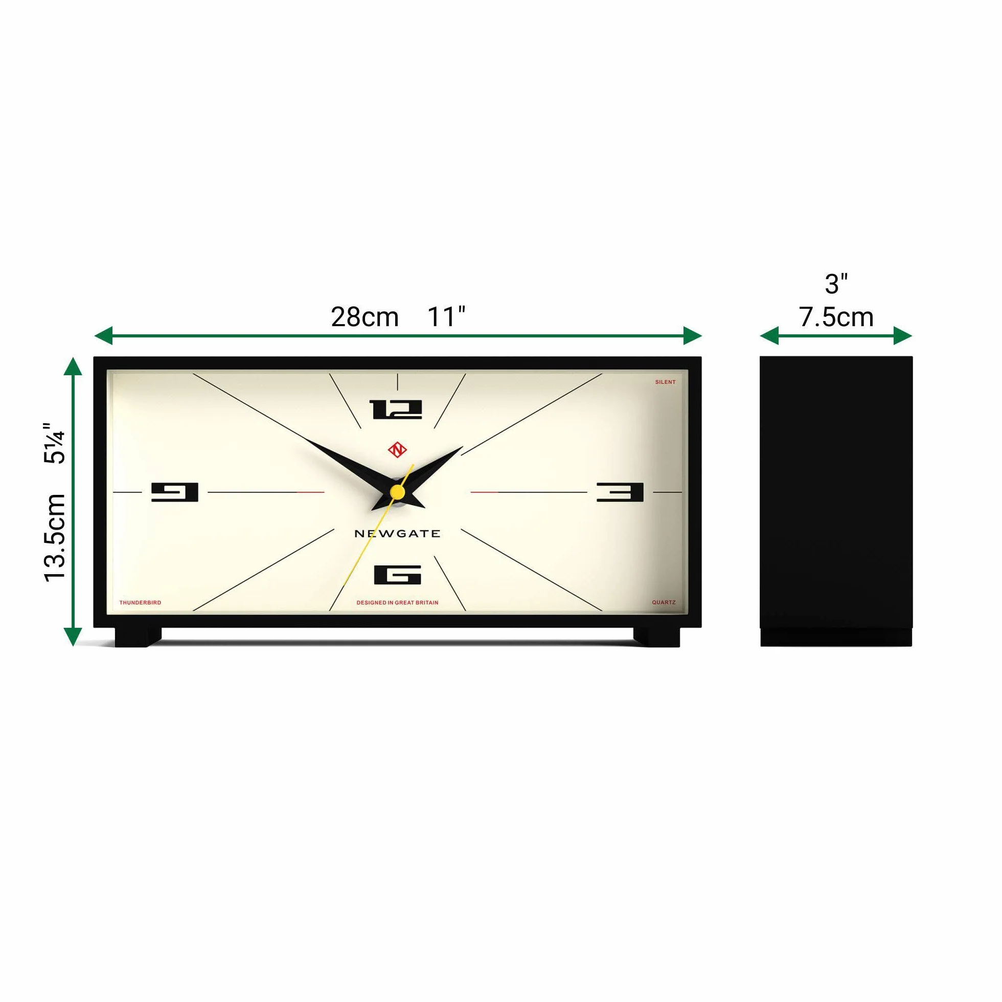 NEWGATE® Thunderbird Horloge de Bureau | Design rectangulaire rétro Contemporain | Noir | Style Moderne du Milieu du siècle pour Bureau, cheminée, Plateau de Table ou étagère