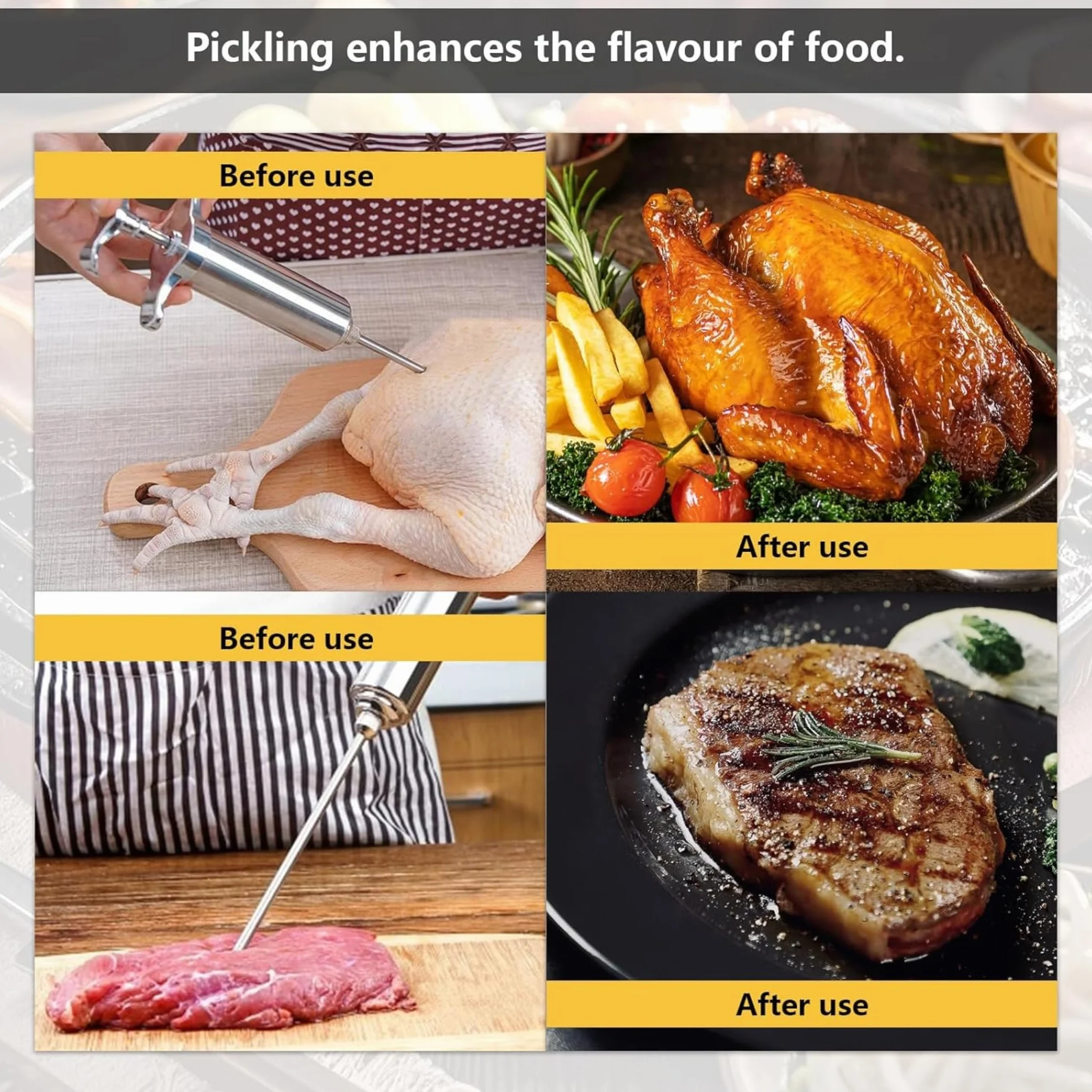 Seringue à marinade en acier inoxydable 60 ml avec 3 aiguilles – Injecteur de viande pour barbecue