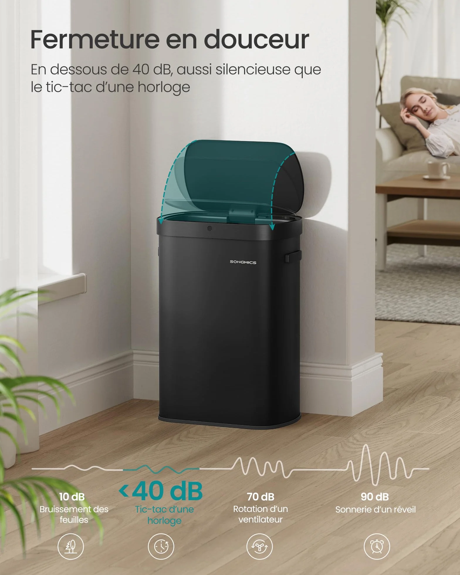 SONGMICS Poubelle de Cuisine Automatique 50 L, Capteur de Mouvement, Acier, Noir d'Encre LTB640B02