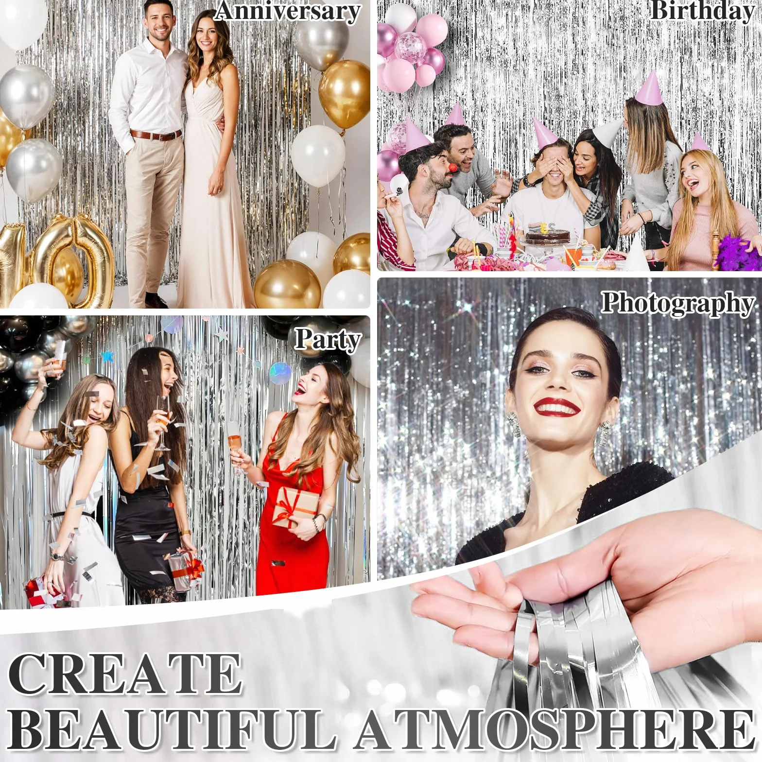 Rideau Métallique Argenté à Franges 1m x 2m Tinsel Décoration Brillante pour Fête Mariage Anniversaire