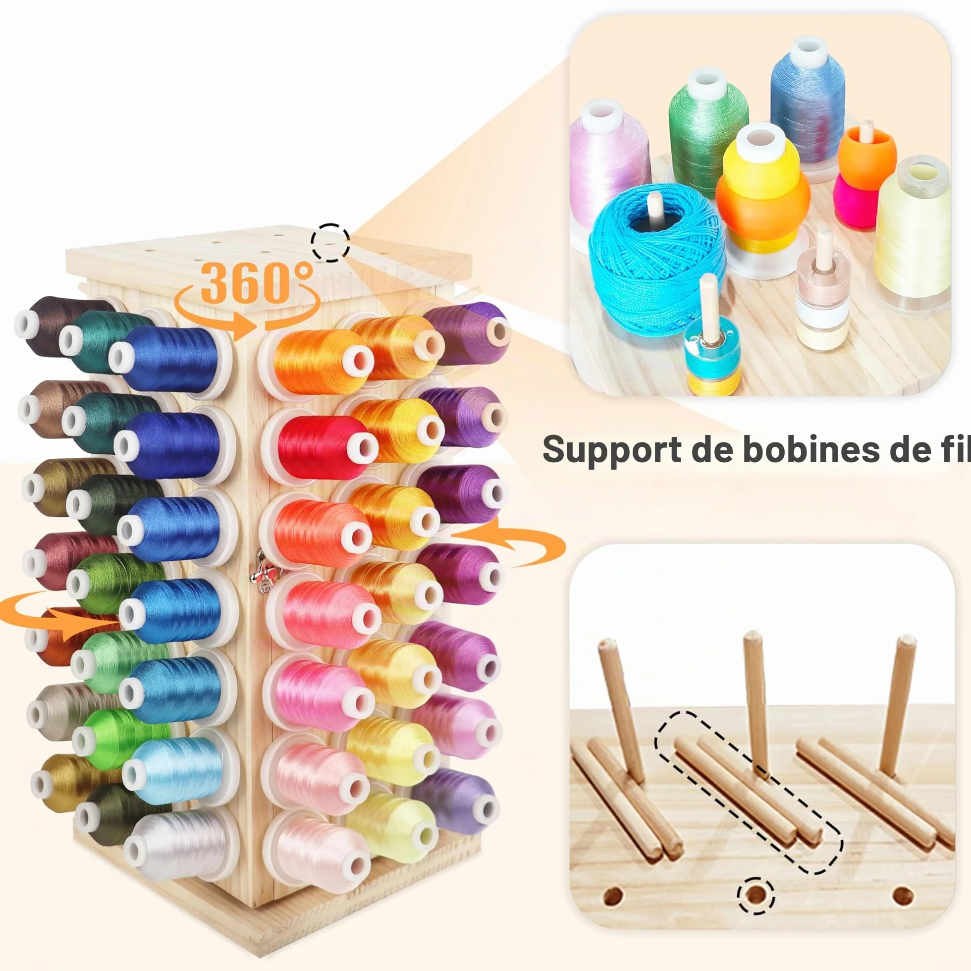 New brothread 93 Bobines (DIY) 360° Rotation Complète Support de fil en bois Porte-fil avec compartiments de rangement intérieurs pour couture, quilting, broderie, tressage de cheveux et les bijoux