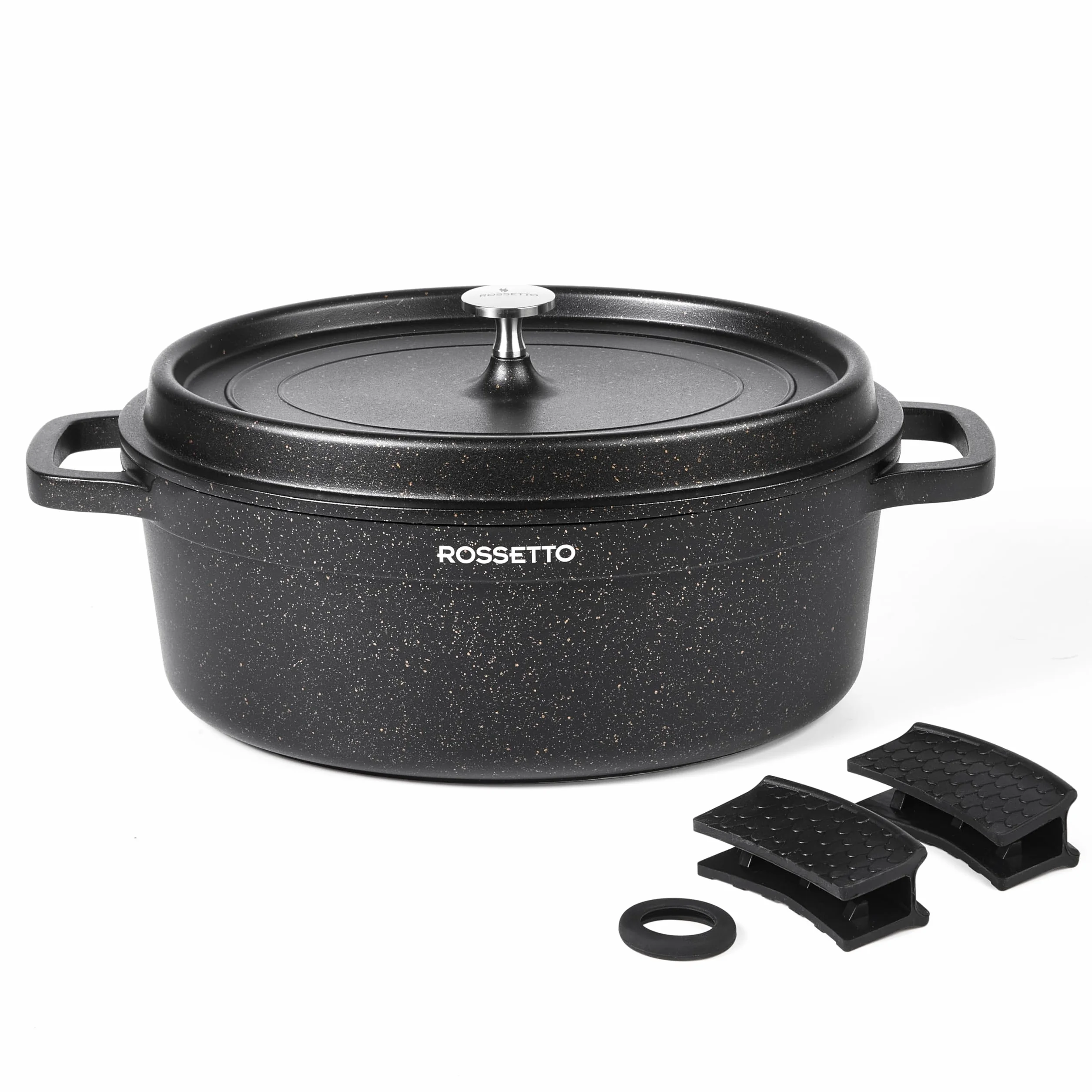 ROSSETTO 10,6L Cocotte ovale en fonte d’aluminium, revêtement antiadhérent en céramique. Couvercle avec picots saveurs. Compatible tous feux dont induction et au four jusqu’à 230℃, 38CM, Noir