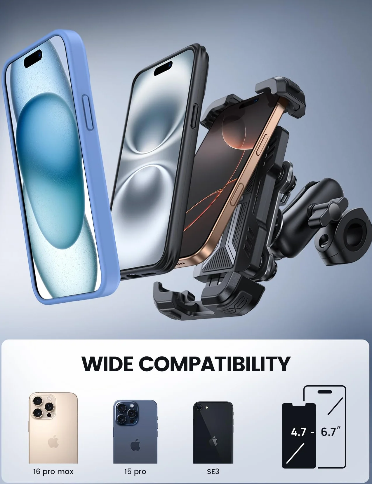 Lamicall Uchwyt na telefon dla motocykli, Montaż telefon motocykla, [Ochrona antykradzieżowa][Podwójna antywstrząsowa]Uchwyt rowerze regulowanym ramieniem dla iPhone 16 15 14 13 12,4,7-6,7" -Niebieski