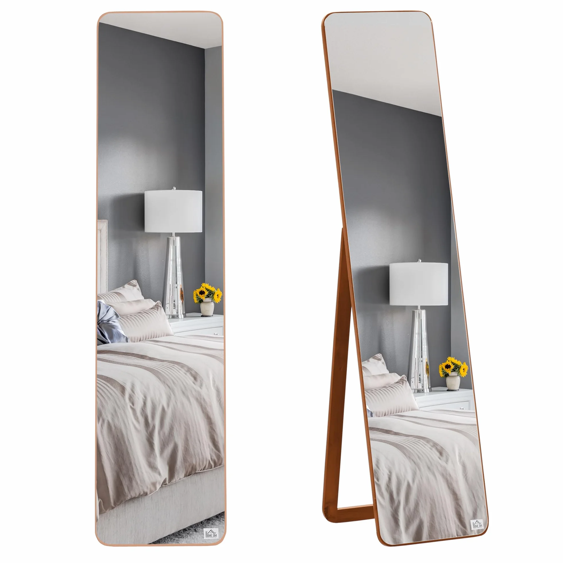 HOMCOM Grand Miroir Pleine Longueur rectangulaire 37 x 160 cm sur Pied ou Mural Noyer Clair
