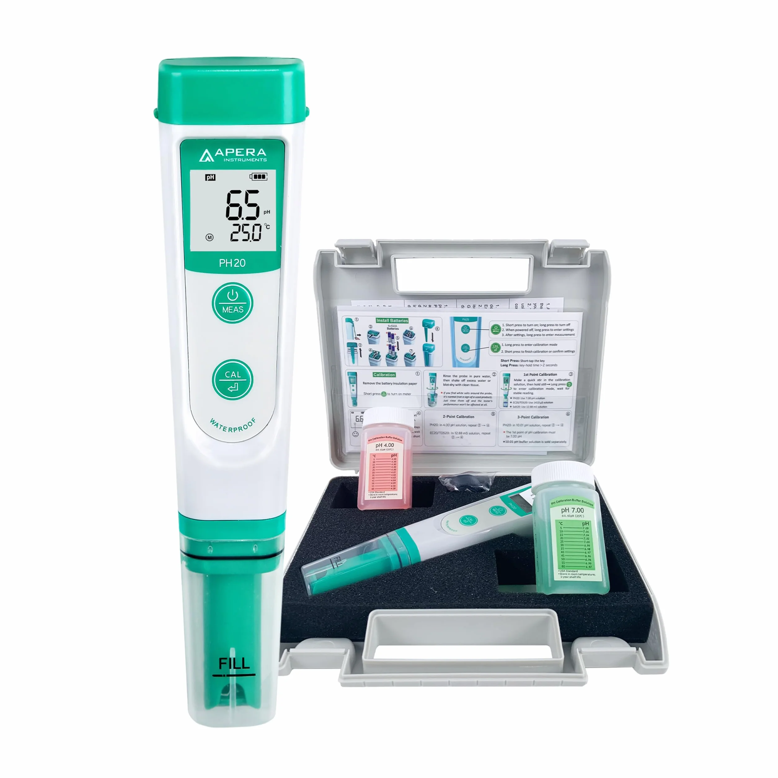 Apera Instruments PH20, Testeur de poche, étanche, précision ±0,1 pH, plage de pH 0-14, capteur de température ± 0,5 °C, kit complet