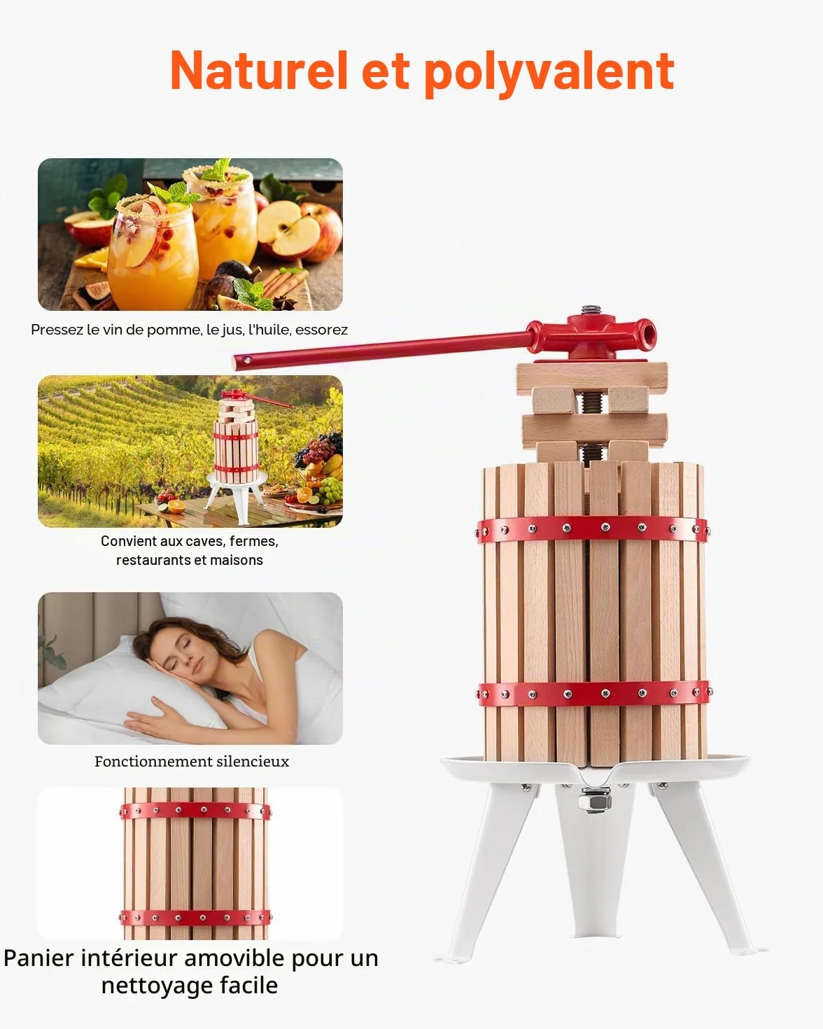 VEVOR Pressoir à Fruits Manuel 6 L, Presse à Vin avec Panier en Bois Massif avec 8 Blocs, Presse-Agrumes avec Poignée, Presse à Jus, Raisin, Cidre de Pomme, Miel pour la Cuisine et la Maison