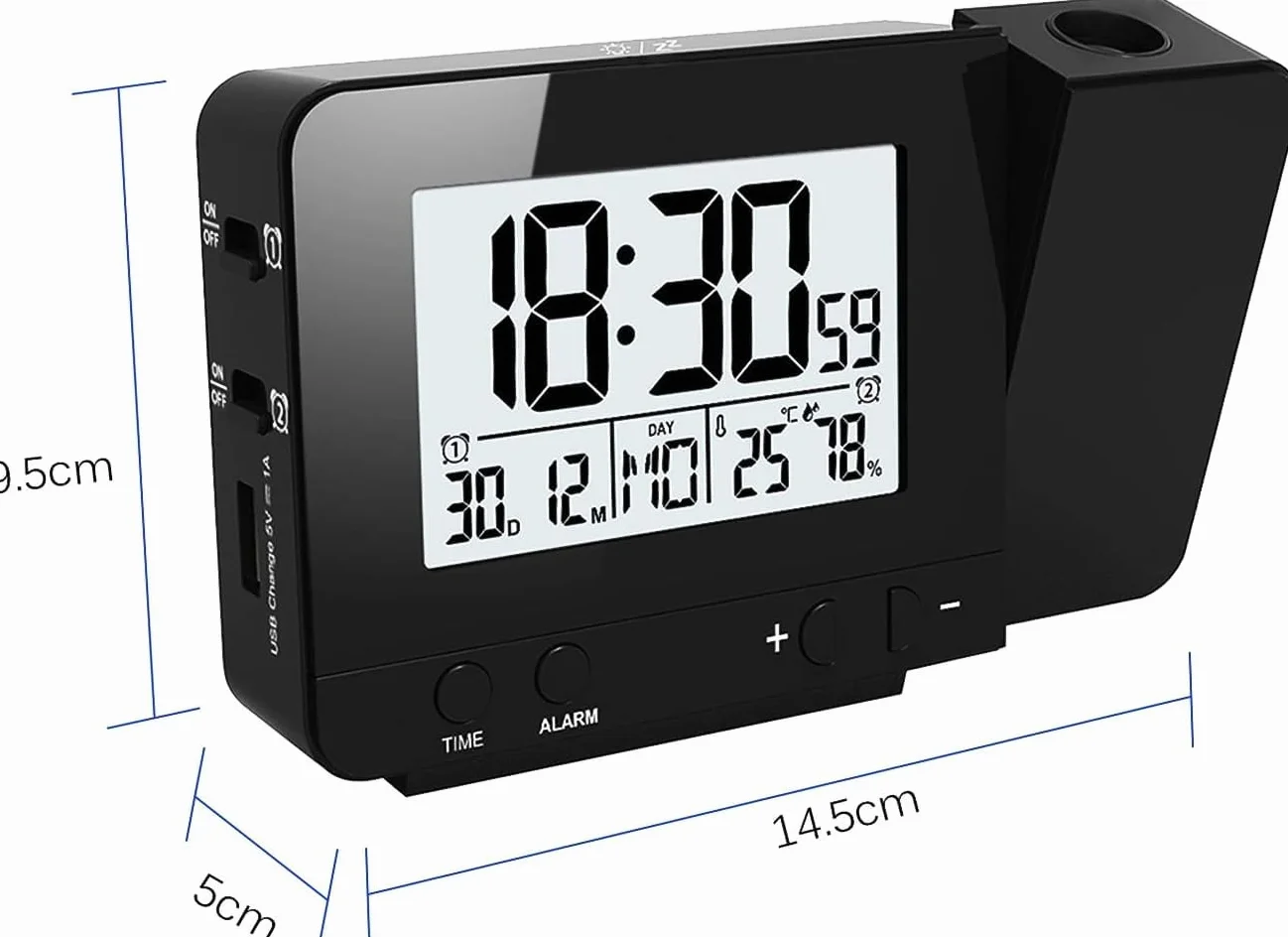 Réveil à Projection Numérique pour Chambre avec Température, Snooze et Luminosité Réglable