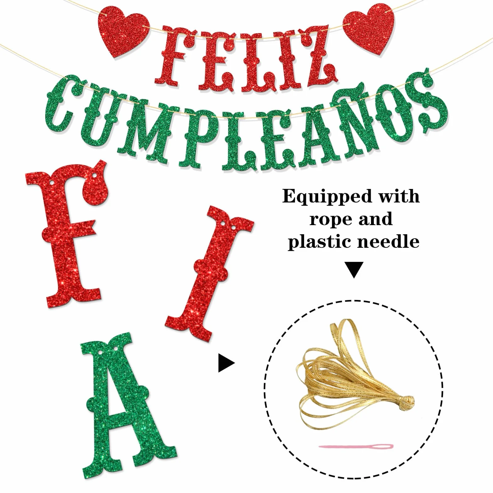 Feliz Cumpleaños Bannière Guirlande espagnole Happy Birthday Décorations fête anniversaire Rouge vert pailleté