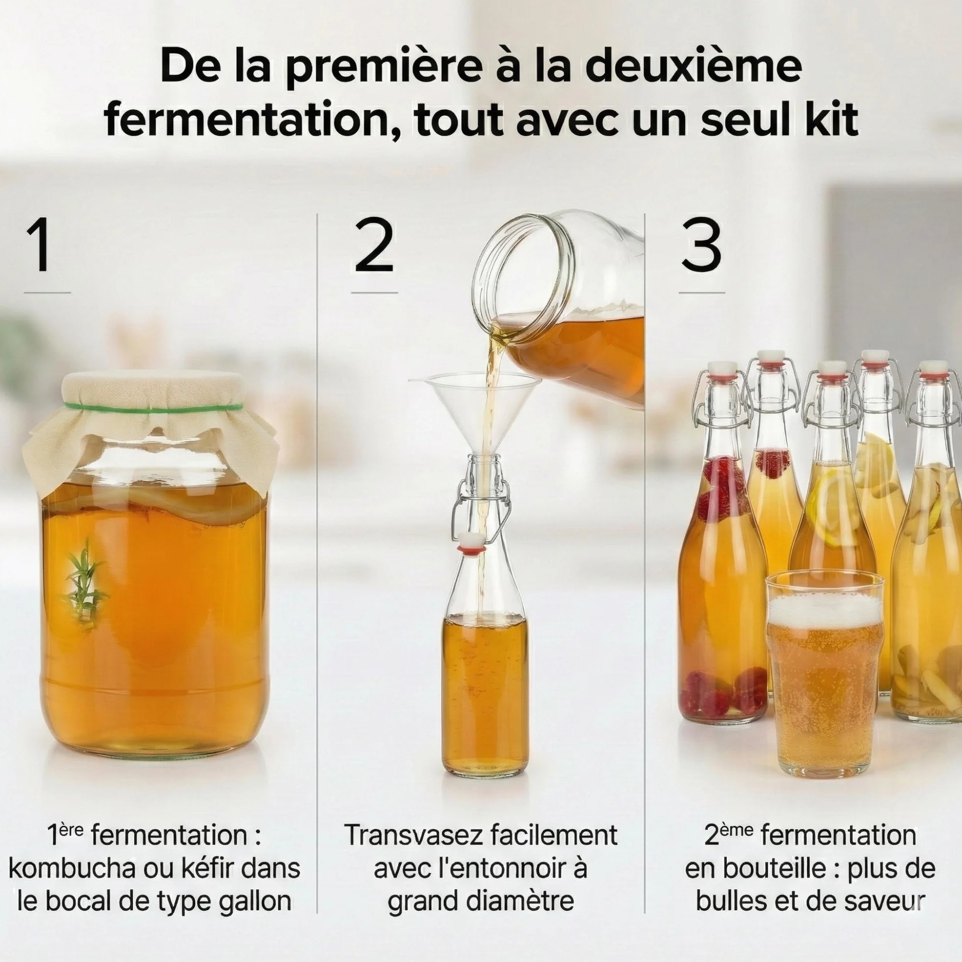 myFERMENTS Kit Préparation Boissons Probiotiques - Set de Fermentation pour Bière, Kefir - 6 Grands Bocaux en Verre de 4L, Bouteille de 750ml avec Joint Hermétique, Entonnoir 10cm, Tissu Mousseline