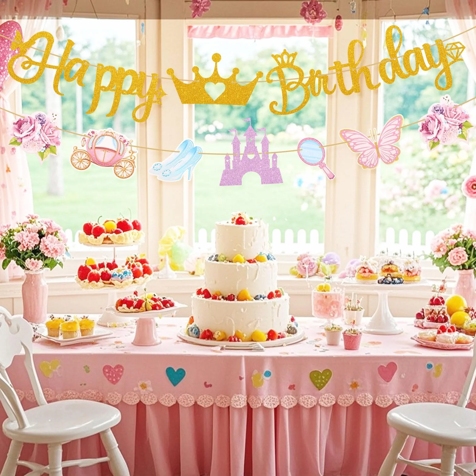 Bannière d'Anniversaire Princesse BOXOB avec Couronne Château Chaussure en Cristal Calèche pour Filles
