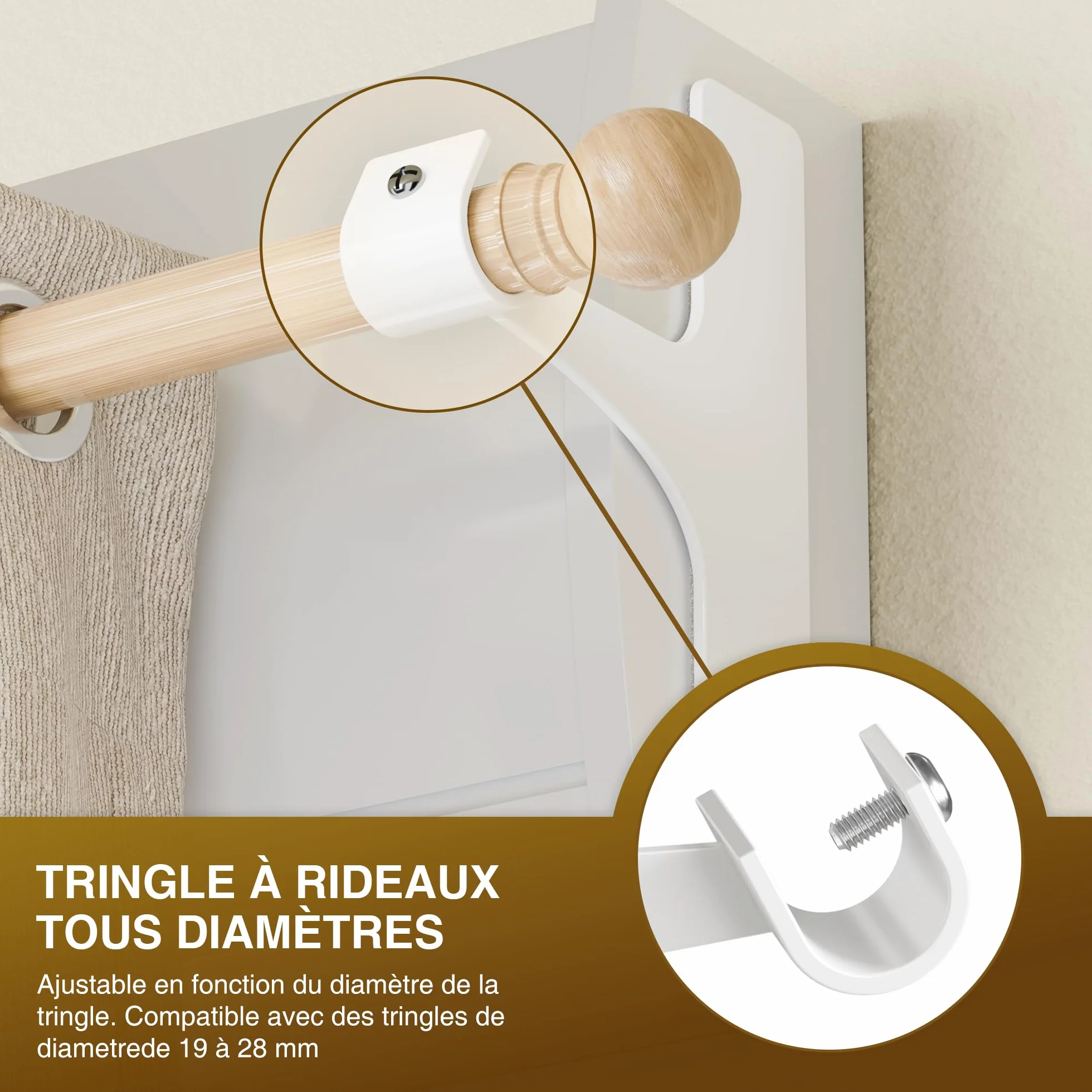 Support Tringle Rideaux sans Perçage pour Coffre Volet Roulant, Fixation Autocollante, 19-28 mm, Lot de 2, Métal Résistant