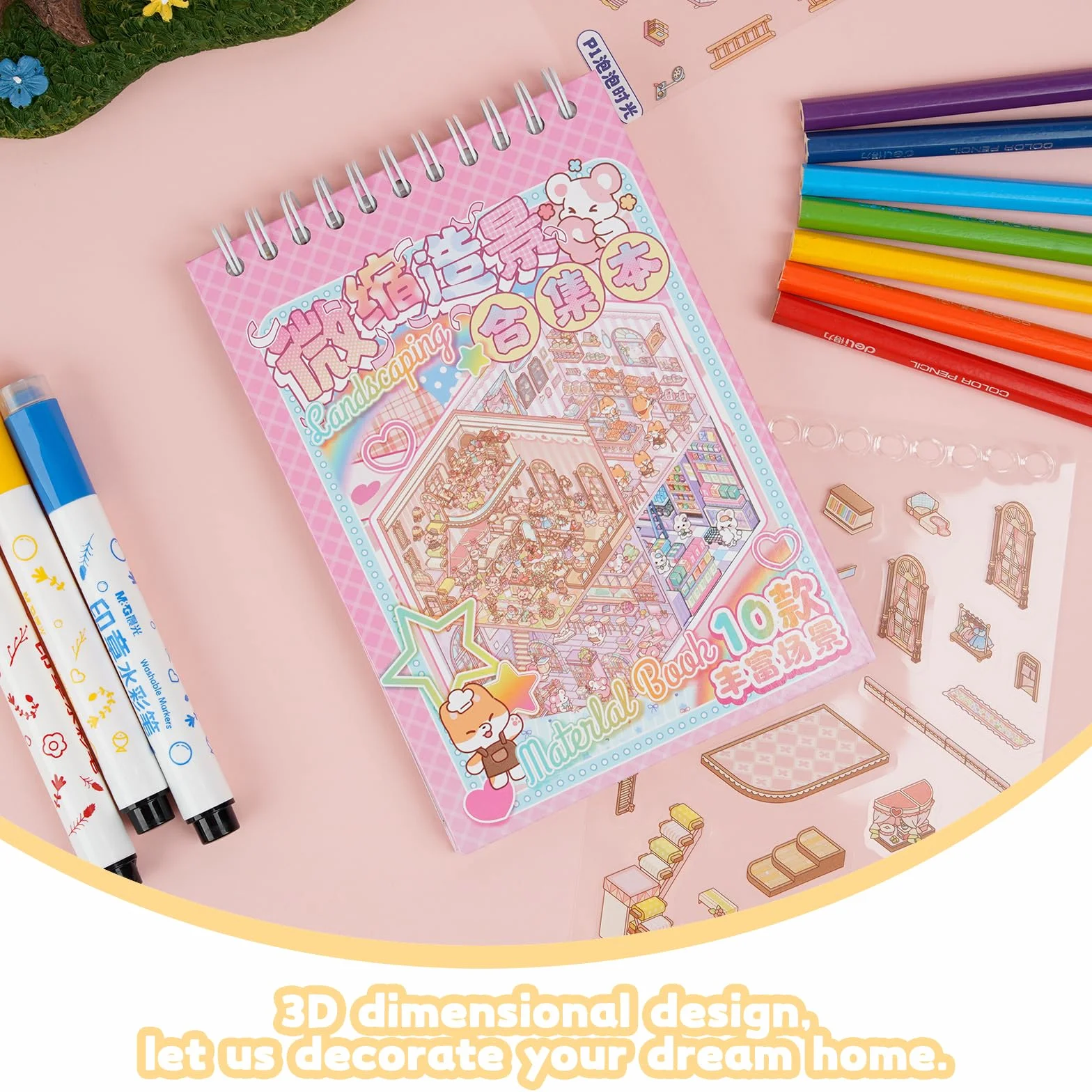 Leikedun Livre Stickers 3D avec 10 Scènes Miniatures, Autocollants pour Adultes et Enfants avec 2 Pinces, Carnet de Scénarios