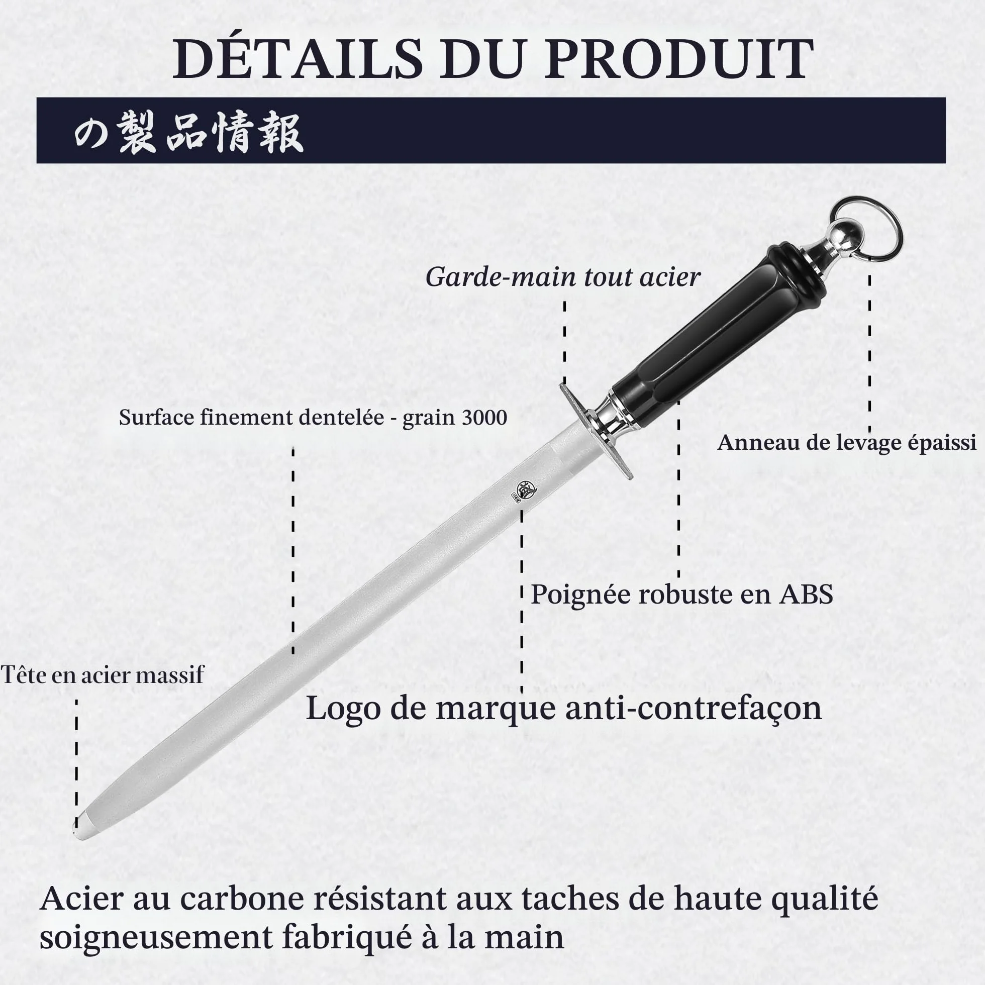Fusil à Aiguiser Diamant Japonais MITSUMOTO SAKARI 40 cm Plat Professionnel avec Manche ABS et Aimant Puissant