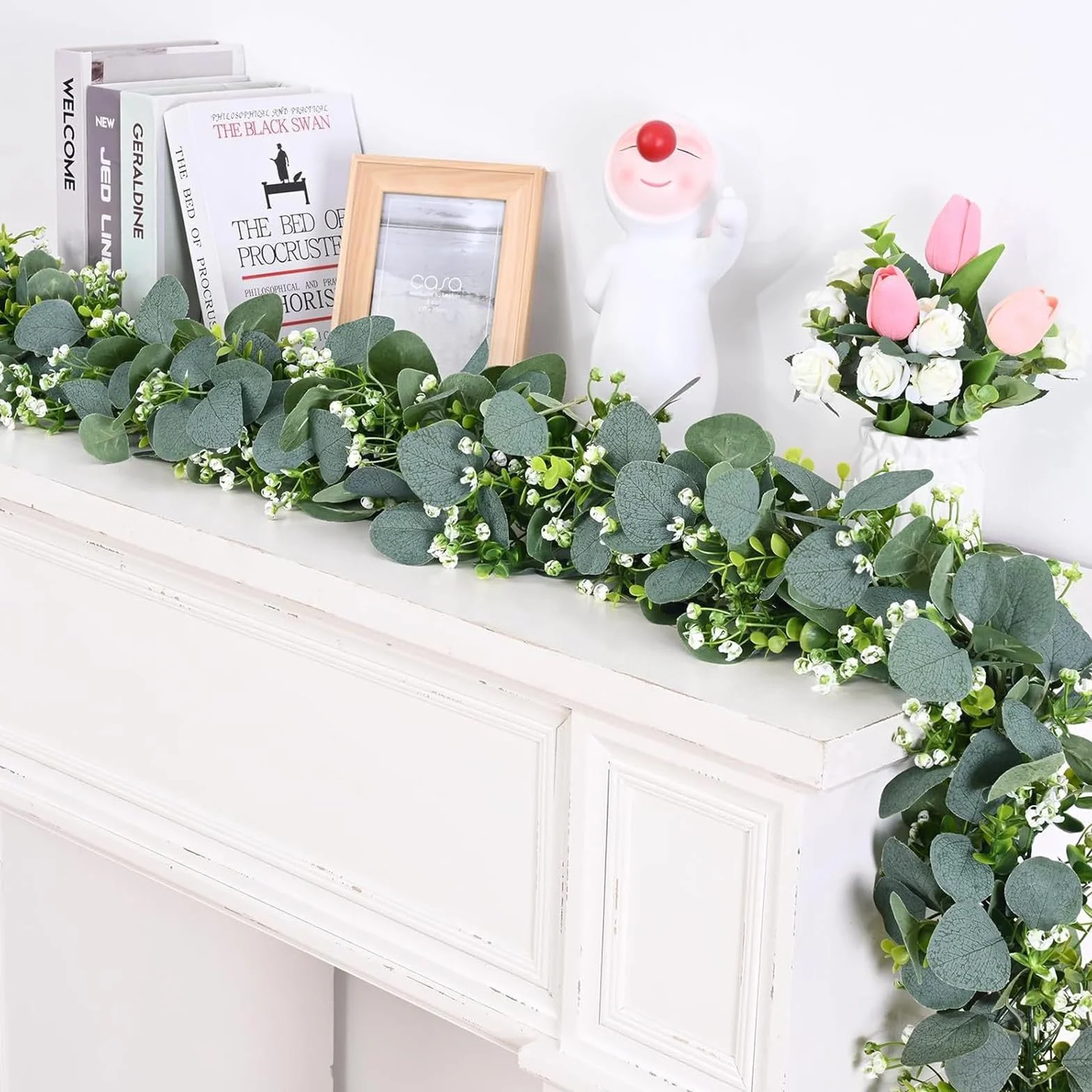 Guirlande Eucalyptus Artificielle 1,8 m avec Fleurs Blanches