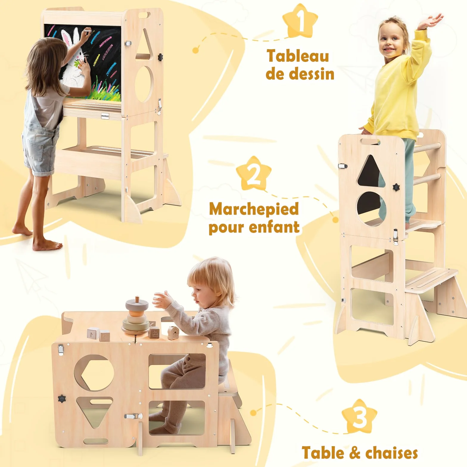 Woodure Tour d'apprentissage Montessori 4 en 1, Tour d Observation Enfant Pliable avec Tableau Noir, Tabouret de Cuisine en Bois pour Enfants, Cadeaux pour garçons et Filles de 1 à 3 Ans