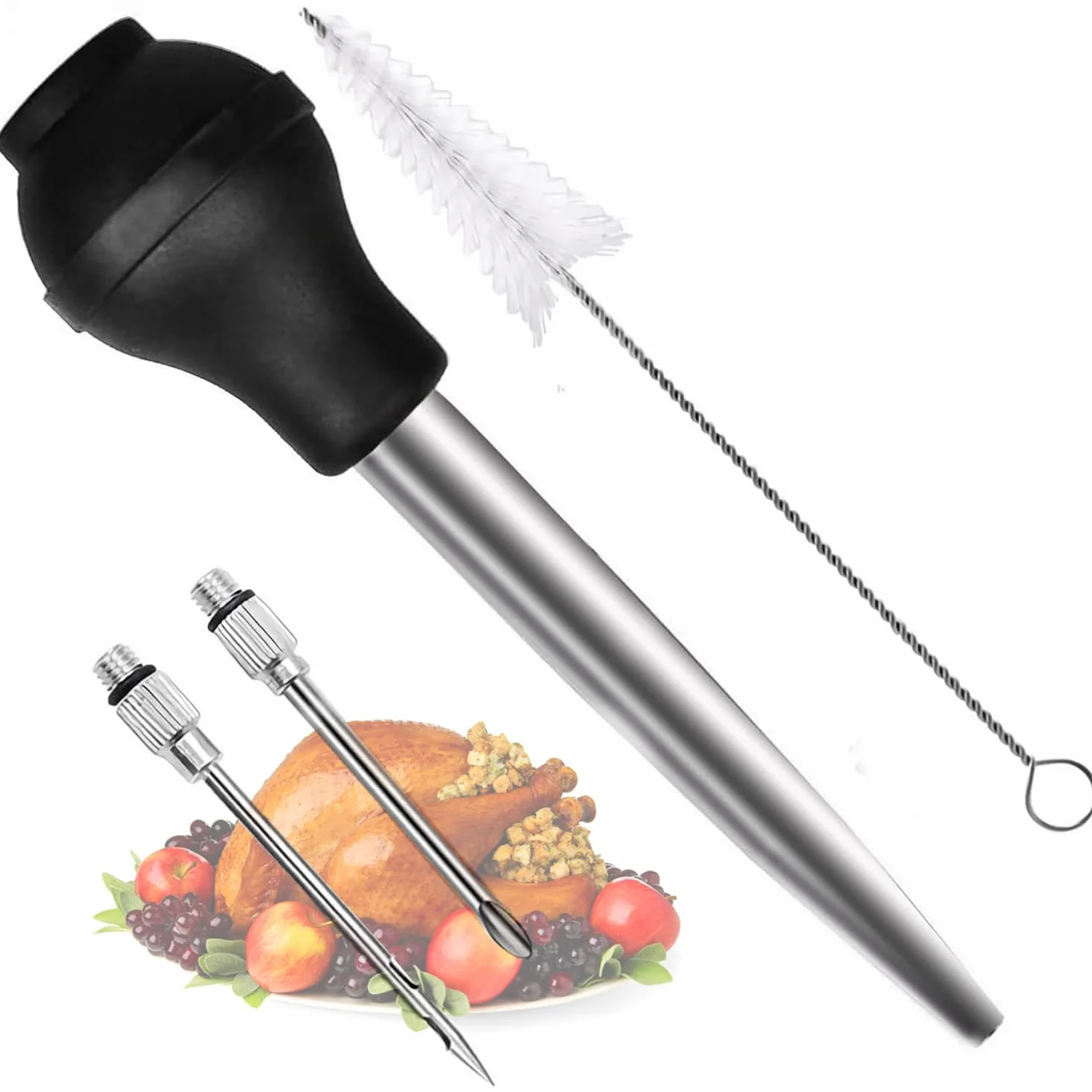 Seringues à Rôtir en 304 Acier INOX, Poires à Sauce avec Aiguille d'Injection et Brosse de Nettoyage