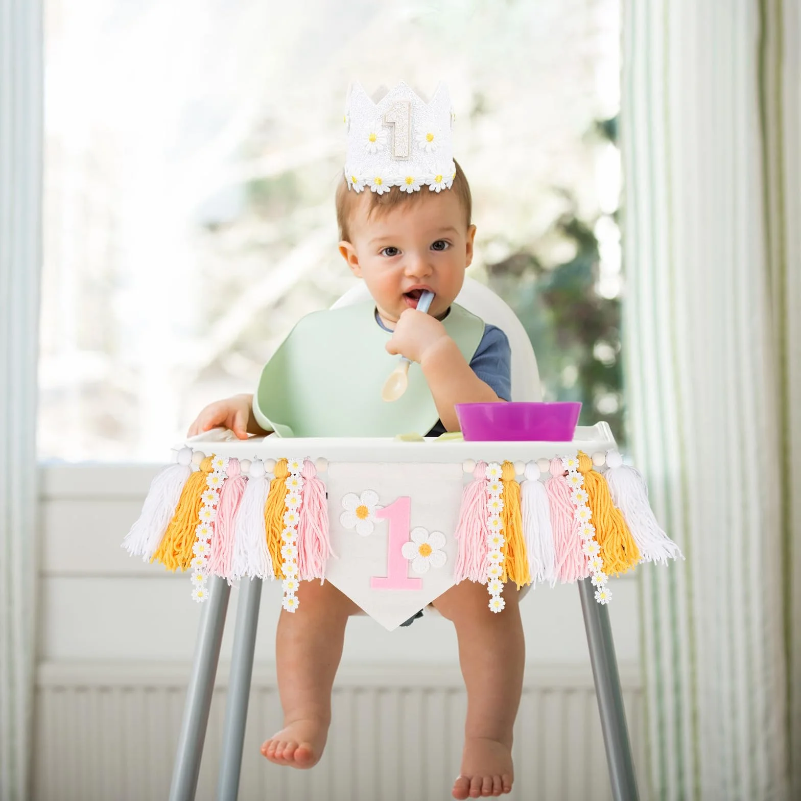 BOXOB Bannière de Chaise Haute Daisy 1er Anniversaire, Décorations Fille avec Chapeau Couronne et Marguerite