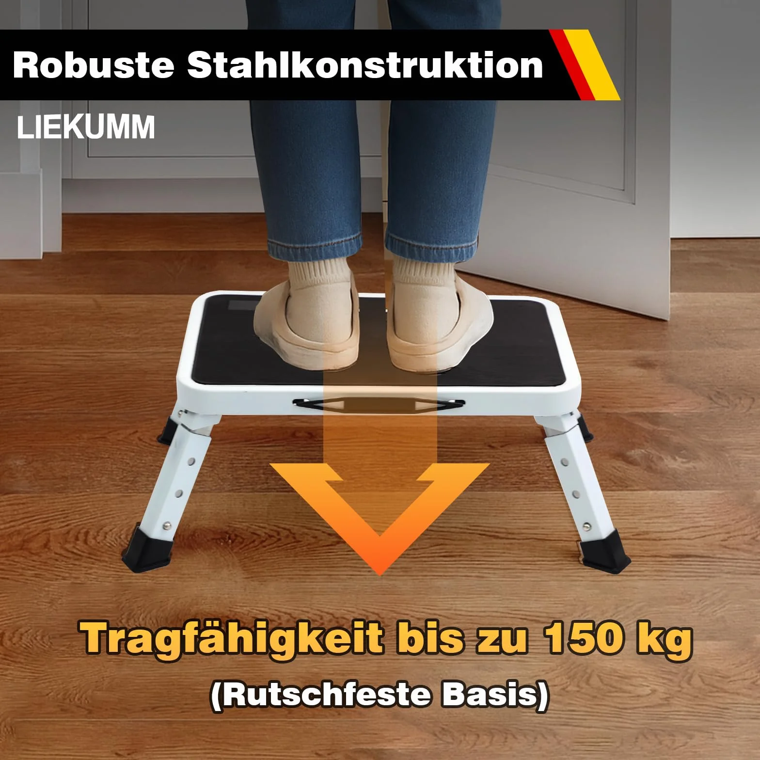 LIEKUMM Marchepied pliant à 3 niveaux, capacité de charge 150 kg, hauteur réglable, marchepied avec plateforme antidérapante, marche pour la maison, la cuisine, la salle de bain et le camping-car