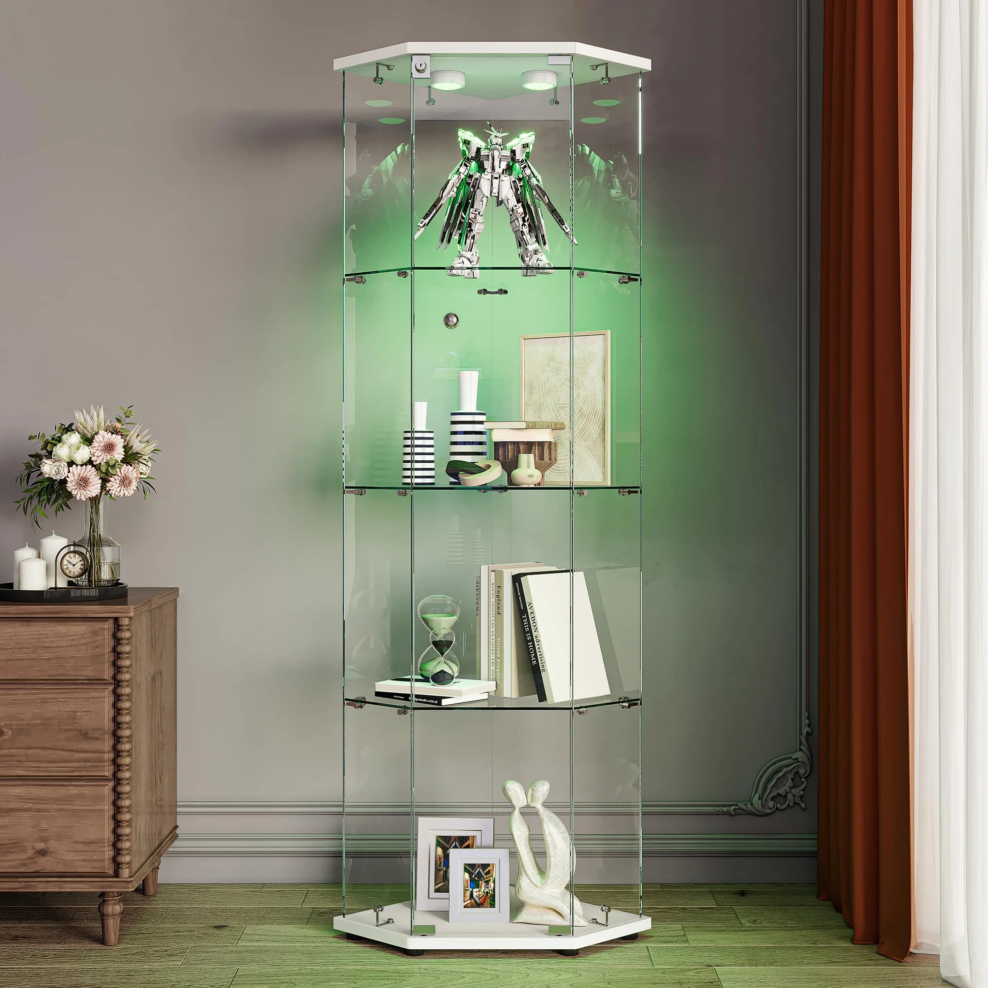 Vitrine en Verre,Vitrines d'angle en Verre avec LED,Hauteur de 162 cm Armoire de Collection en Verres à 4 Couches avec 1 Porte, vitrine trempé Transparent Moderne pour Salon, Chambre à Coucher, Bureau