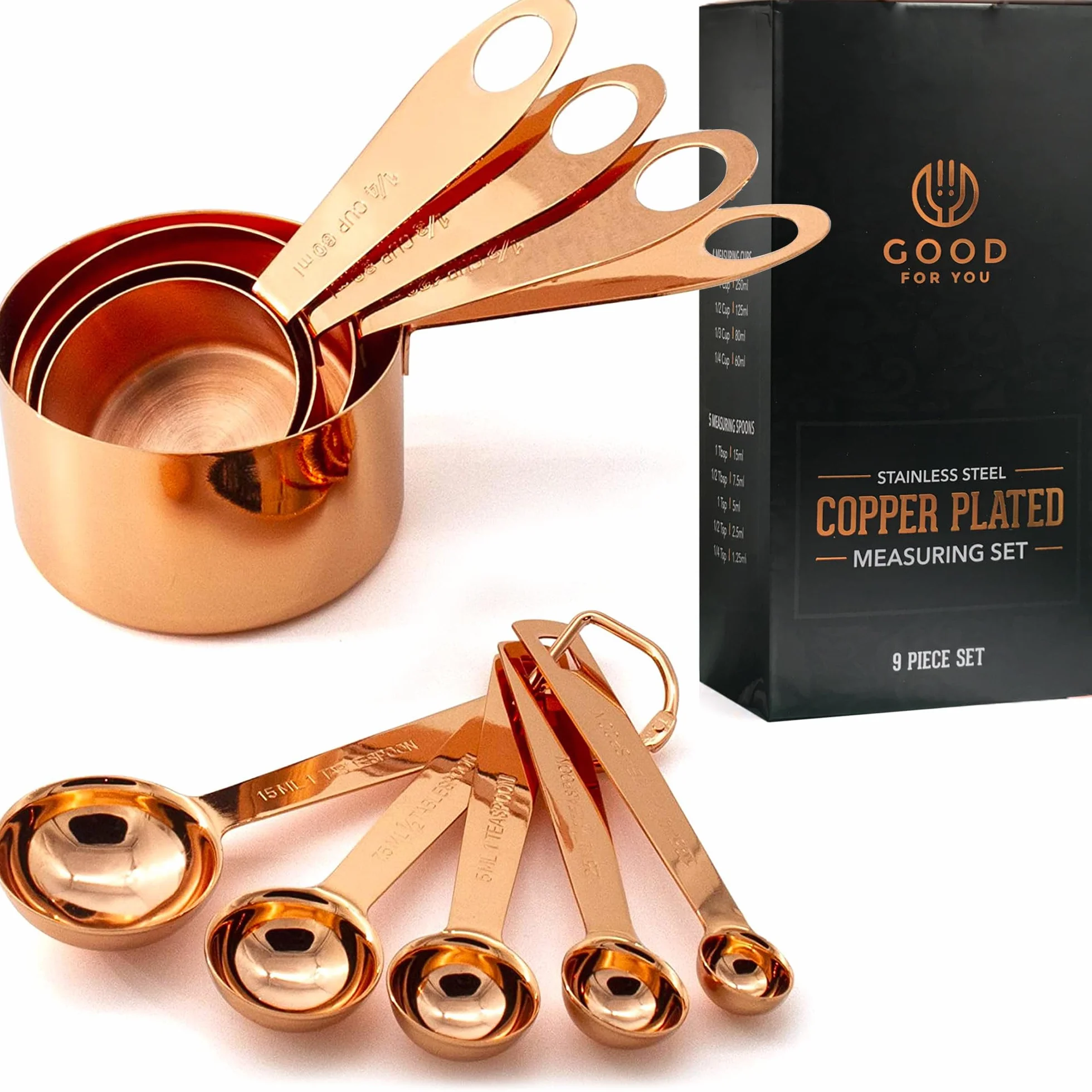 Lot de 9 pièces de tasses et cuillères à mesurer en acier inoxydable cuivre chromé, mesures gravées