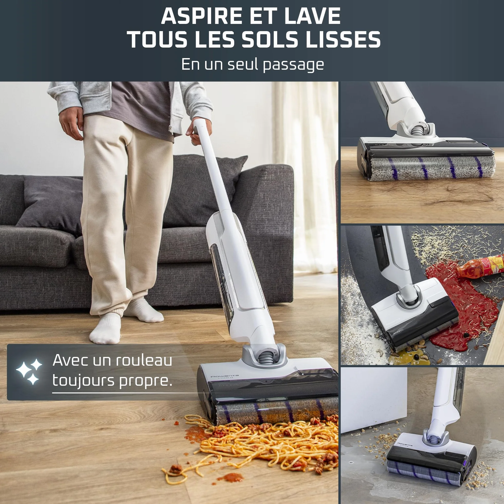 Rowenta Aspirateur Laveur sans fil X-Clean 10 180° Plat Auto-Nettoyage 65°C 60min Blanc GZ7540WO