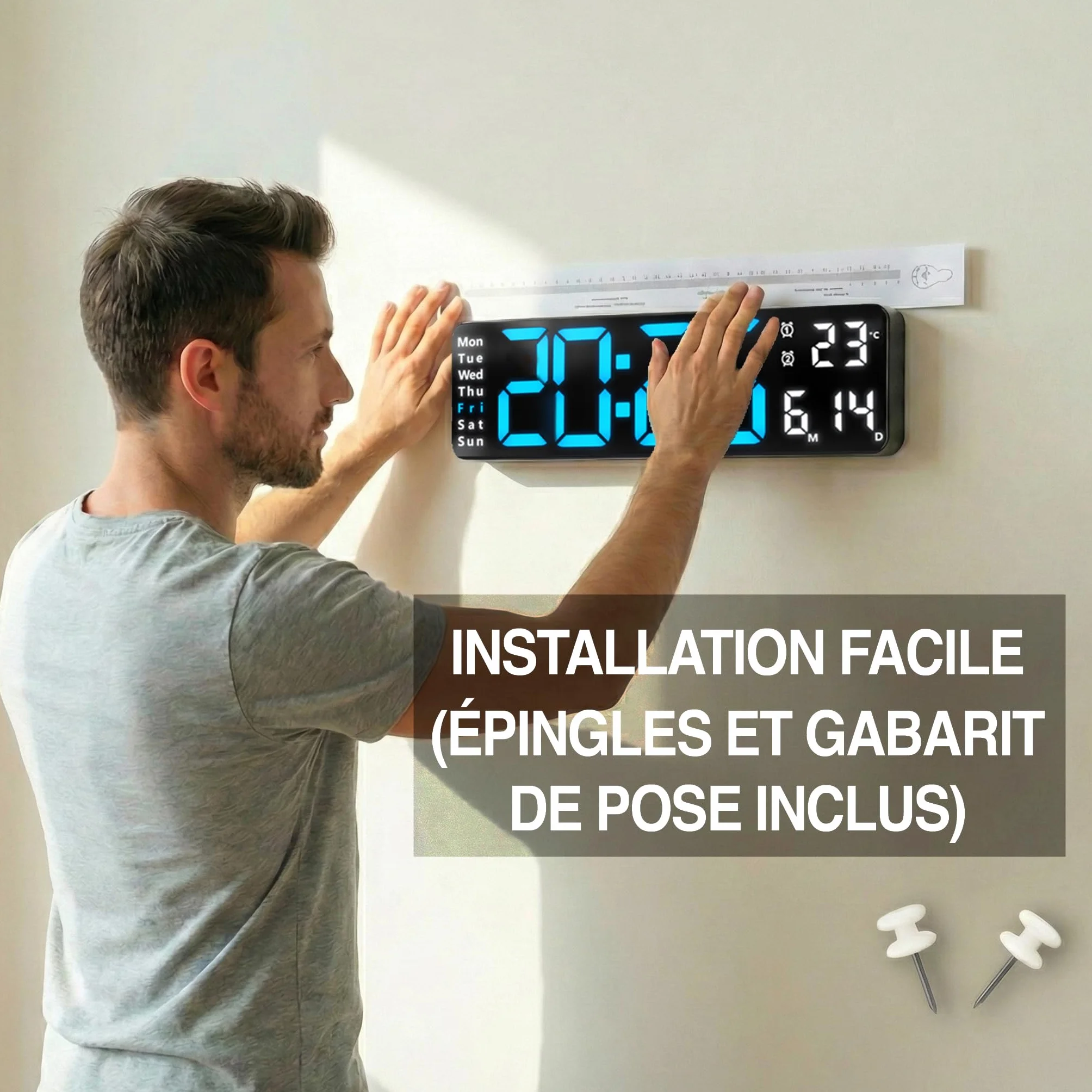 Horloge Numérique Murale Grand Affichage Chiffres LED Lisibles Silencieuse Bleu/Blanc