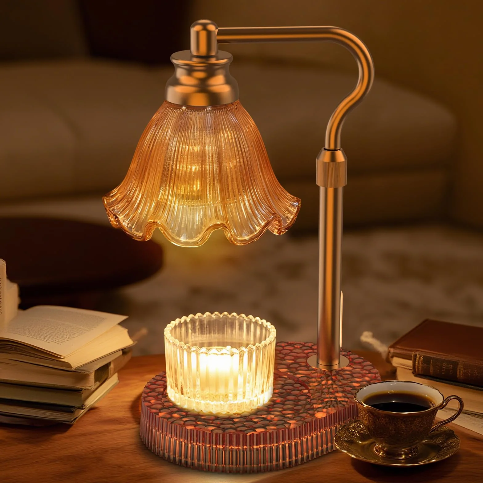 Lampe chauffe-bougie avec hauteur réglable – Chauffe-cire sans flamme à 4 niveaux à intensité variable, fonction minuterie et design élégant en plusieurs couleurs (Brun)