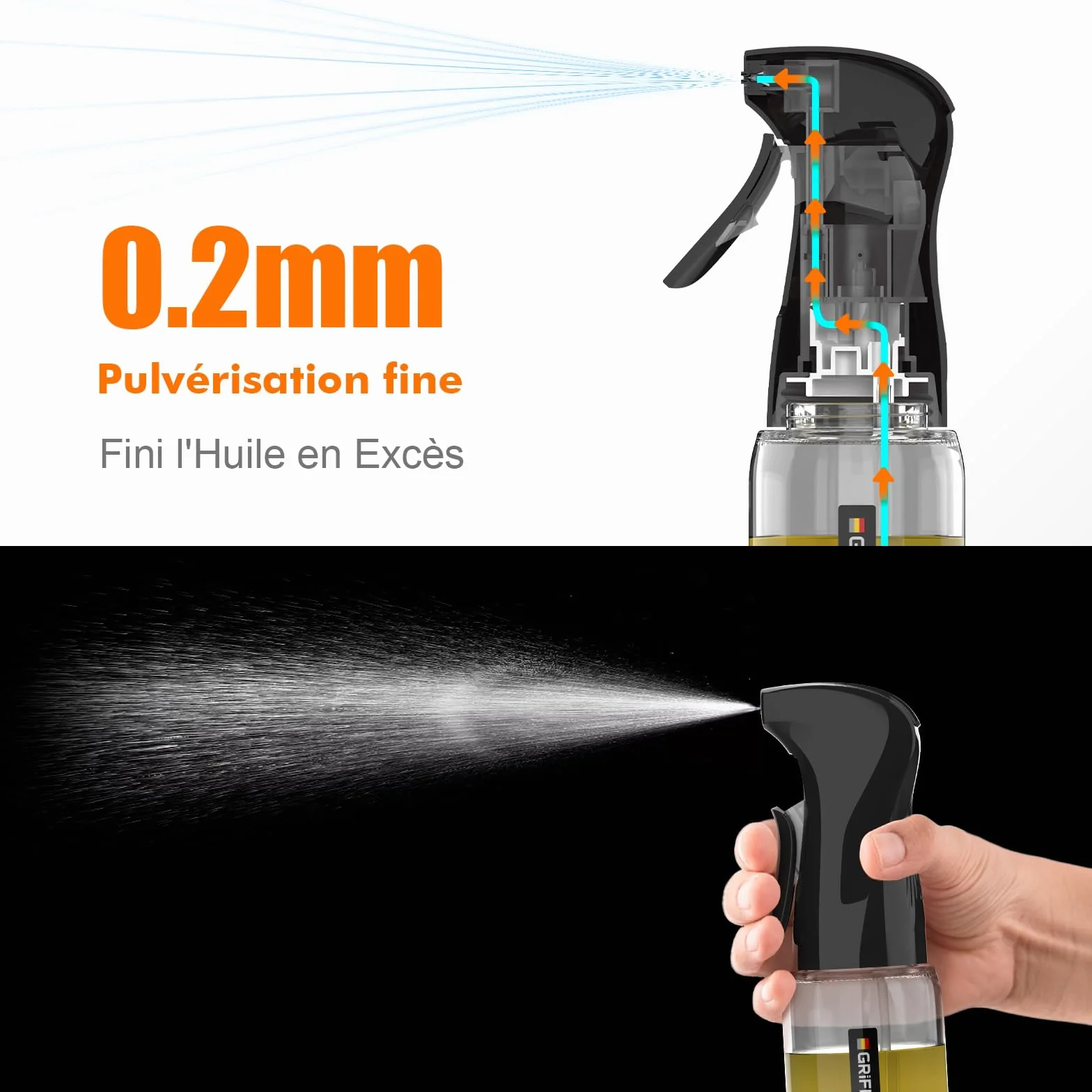 GRIFEMA Spray d'Huile à Jet Contrôlé 200 ml en Verre – Distributeur Antigoutte pour Huile et Vinaigre, Contrôle des Portions, Friteuse à Air, Grillades et Cuisine