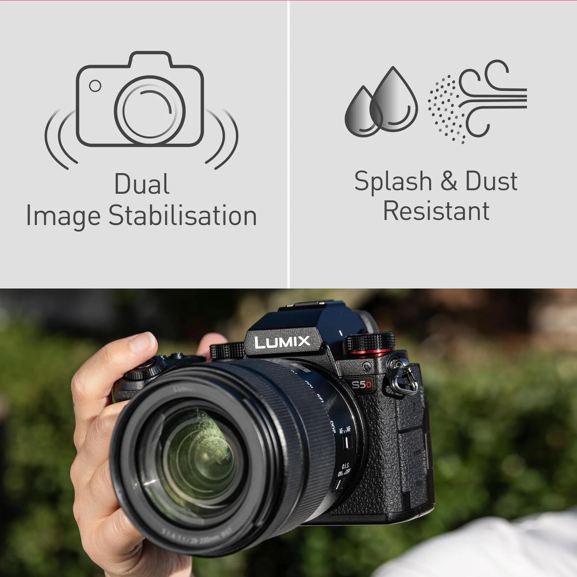 Panasonic Lumix S5D, Pełnoklatkowy Bezlusterkowy Korpus Aparatu, z Obiektywem S-R1840E 18-40mm, 24.2MP, 4K 60P Nagrywanie, Live View Finder, Monitor z Wolnym Kątem, Wi-Fi, Bluetooth, Czarny