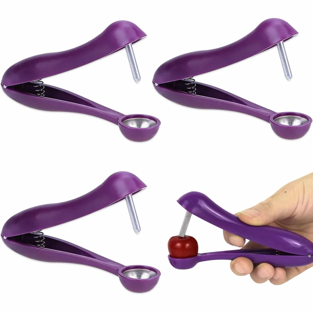 Lot de 3 Dénoyauteurs à Cerises en Acier Inoxydable (Violet), Presse-Noyaux Manuel par Poussoir, Ustensiles de Cuisine Compacts pour Cerises, Olives, Dattes