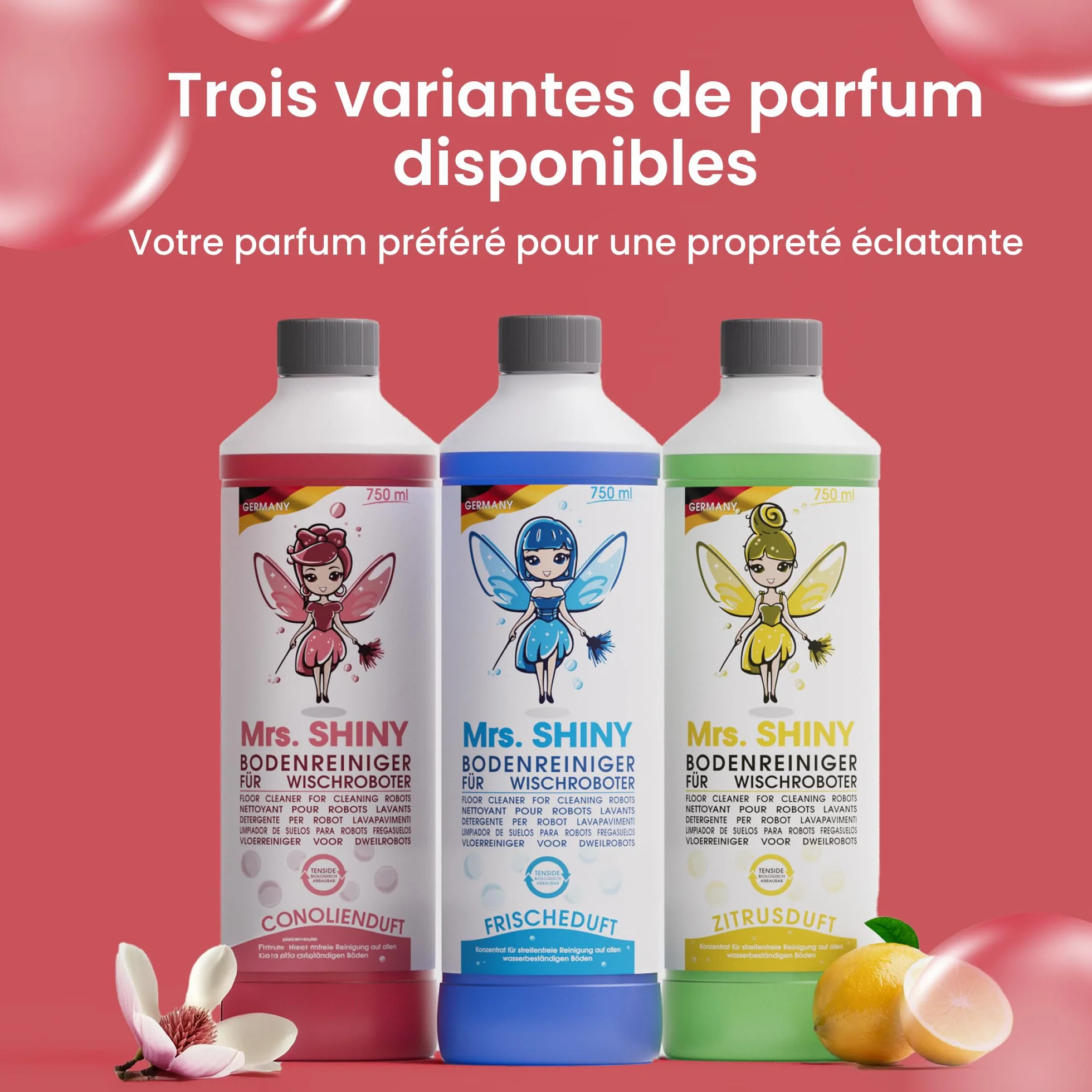 Mrs. SHINY Détergent aspirateur laveur parfum magnolia nettoyant sol robot 750 ml